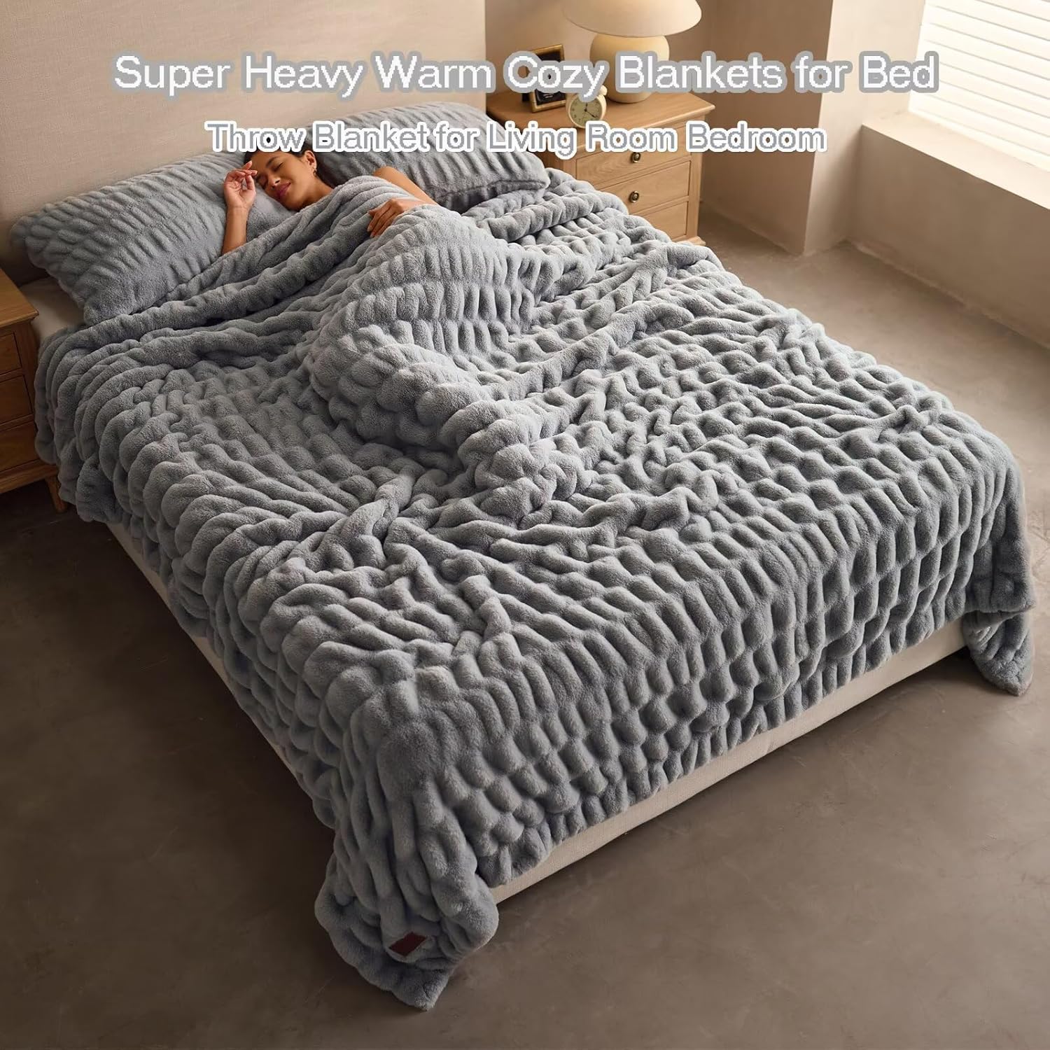 Double Side Faux Fur Throw Blanket,Cozy Soft Fuzzy Fluffy Faux Rabbit Fur Blanket for Couch, Bed, Sofa,Room Decor-Silver Grey,90x90 inch