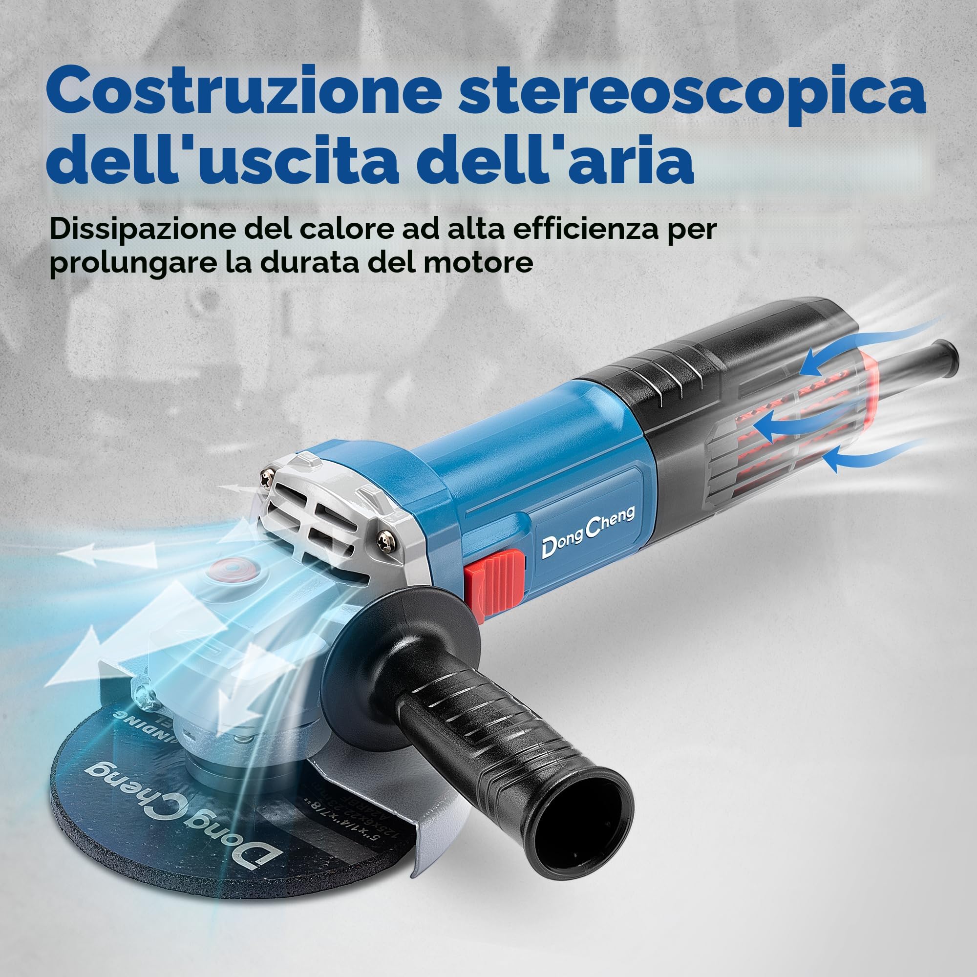 DongCheng Smerigliatrice angolare 1100 W, 125 mm, velocità a vuoto: 11.800 min-1, copertura a sgancio rapido, impugnatura aggiuntiva, 2 dischi abrasivi e 2 dischi da taglio