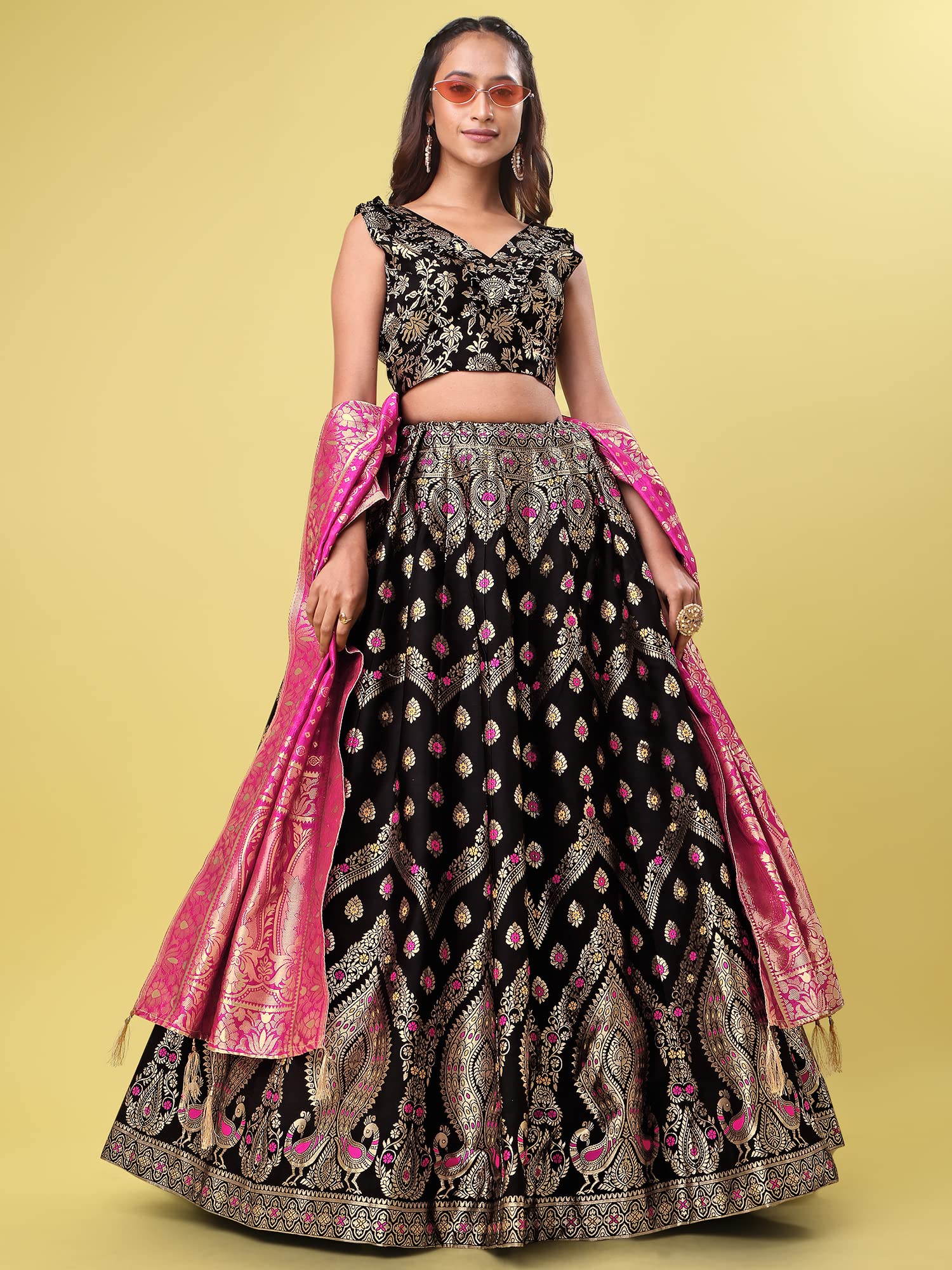 PURVAJA Lehenga choli de jacquard semipuntada para mujer (Veera)