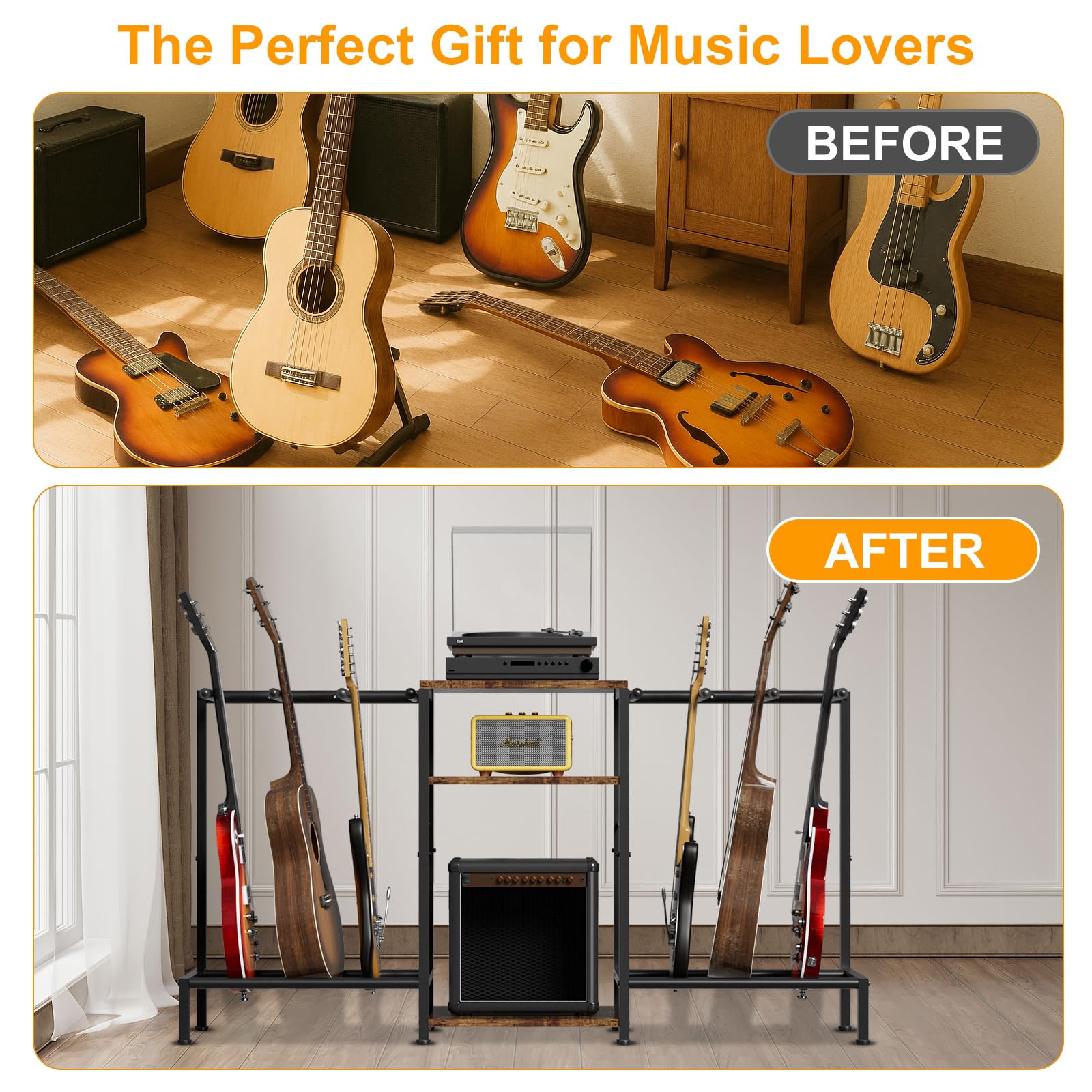 Supporto per chitarra per 6 chitarre, regolabile, con protezione imbottita morbida per chitarra acustica, elettrica, basso e ukulele, espositore per chitarra con 3 ripiani per amplificatori e