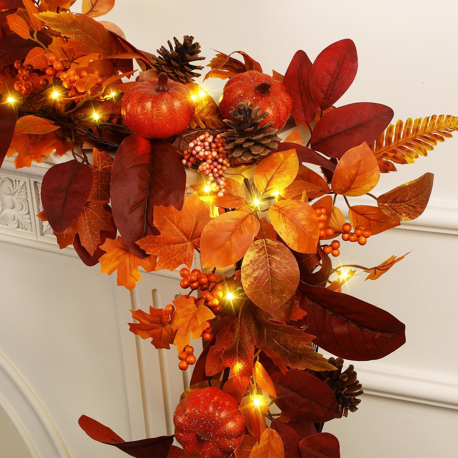 SHareconn 6ft Fall Garland with Lights and Timer for Mantle