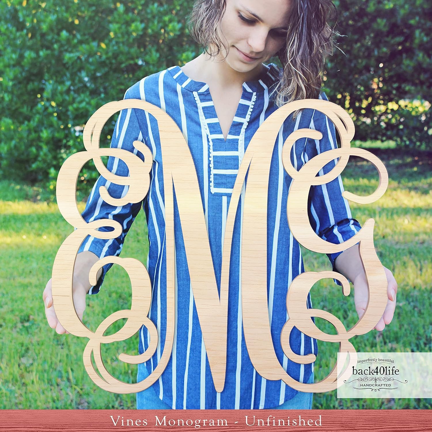 Unfinished Wood Letters Cutout DIY Decor Nursery - (Vines 3-Letter) Back40Life