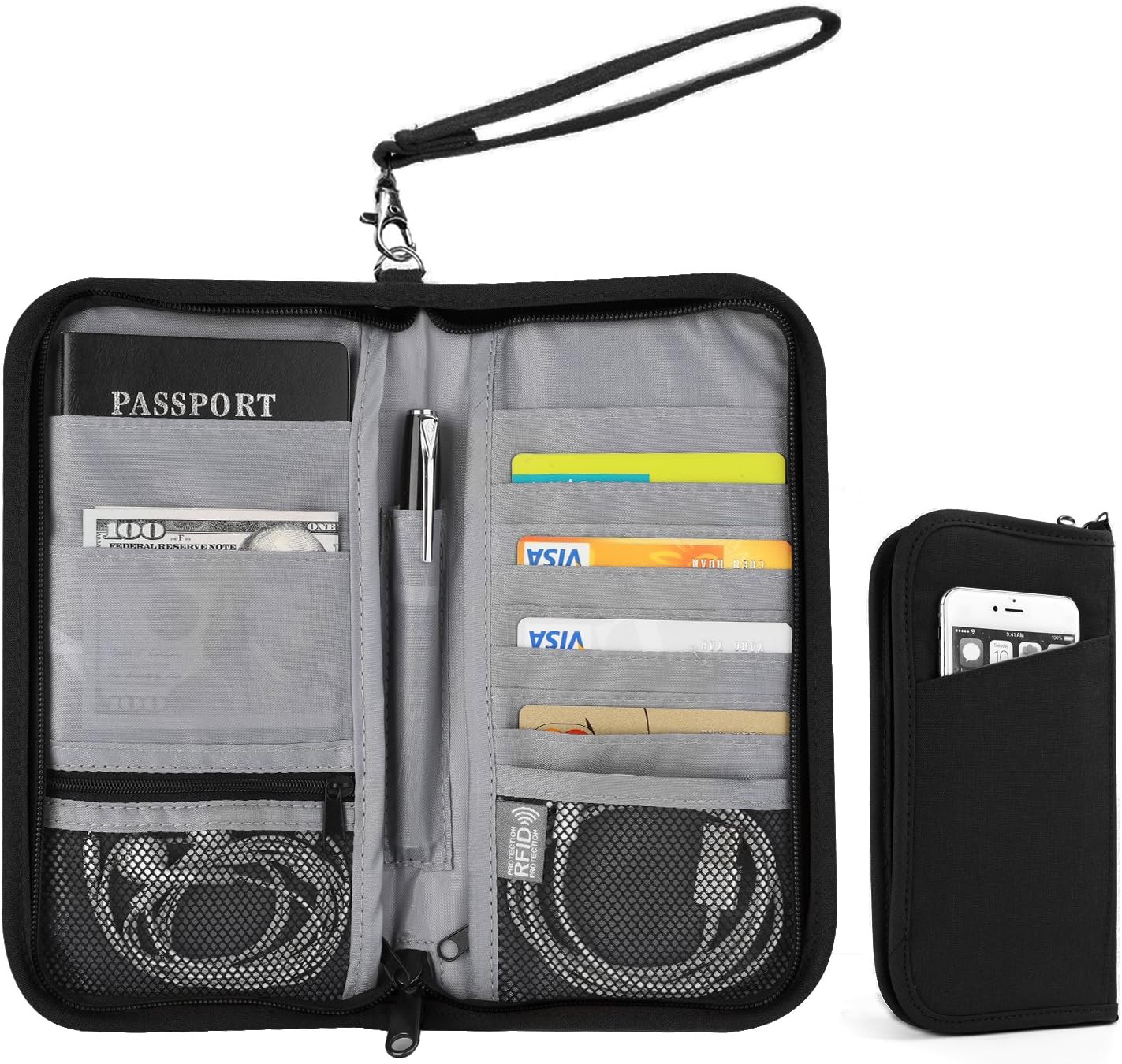 Rfid Blocking Travel Passport Wallet - Tonb Shop Family Passport Holder & Document Card Organiser Case with Wrist Strap(Black)