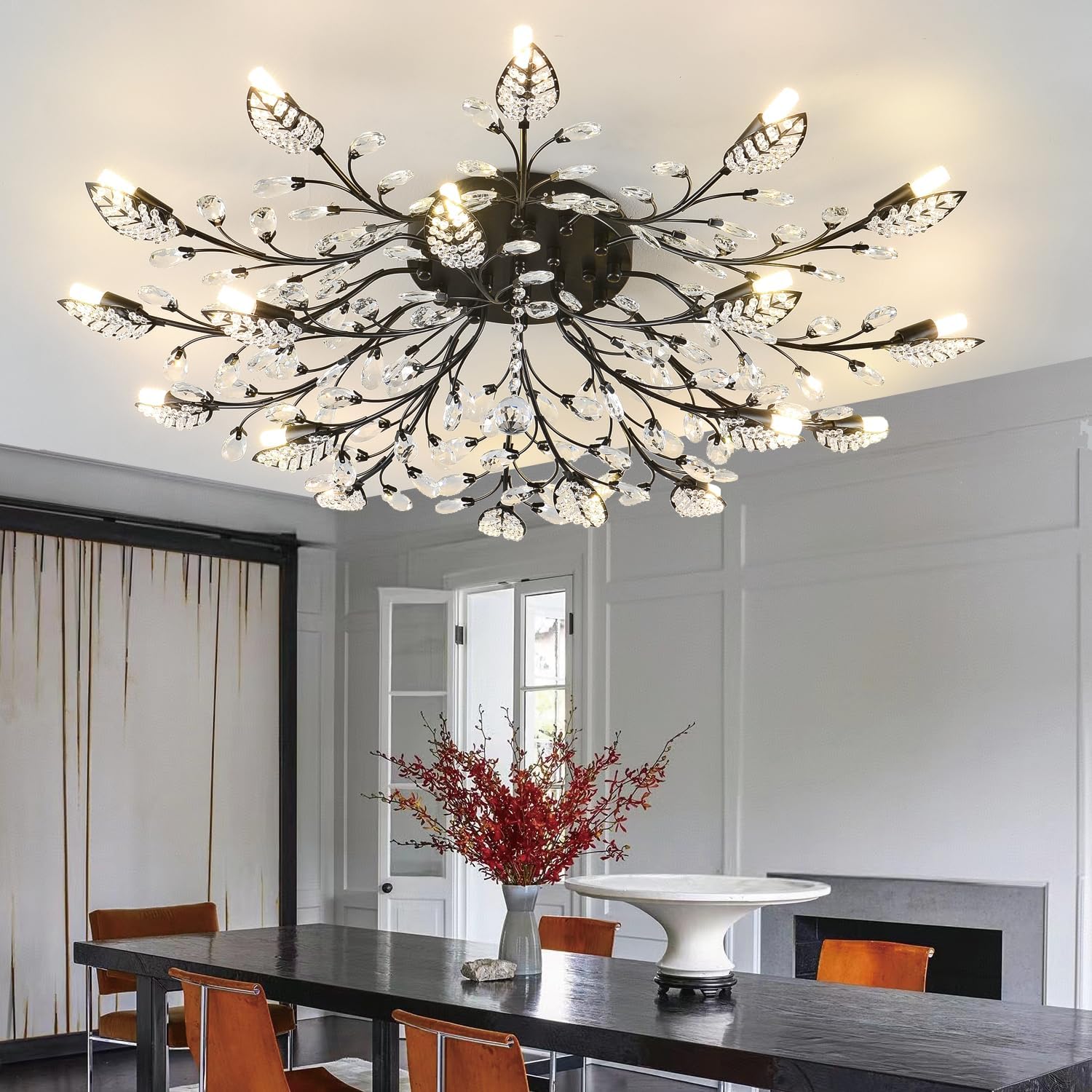Modern Crystal Ceiling Light Fixture,Semi Flush Mount Chandeliers,Crystal Leaf Ceiling Light, Chandeliers for Dining Room,Living Room,Bedroom