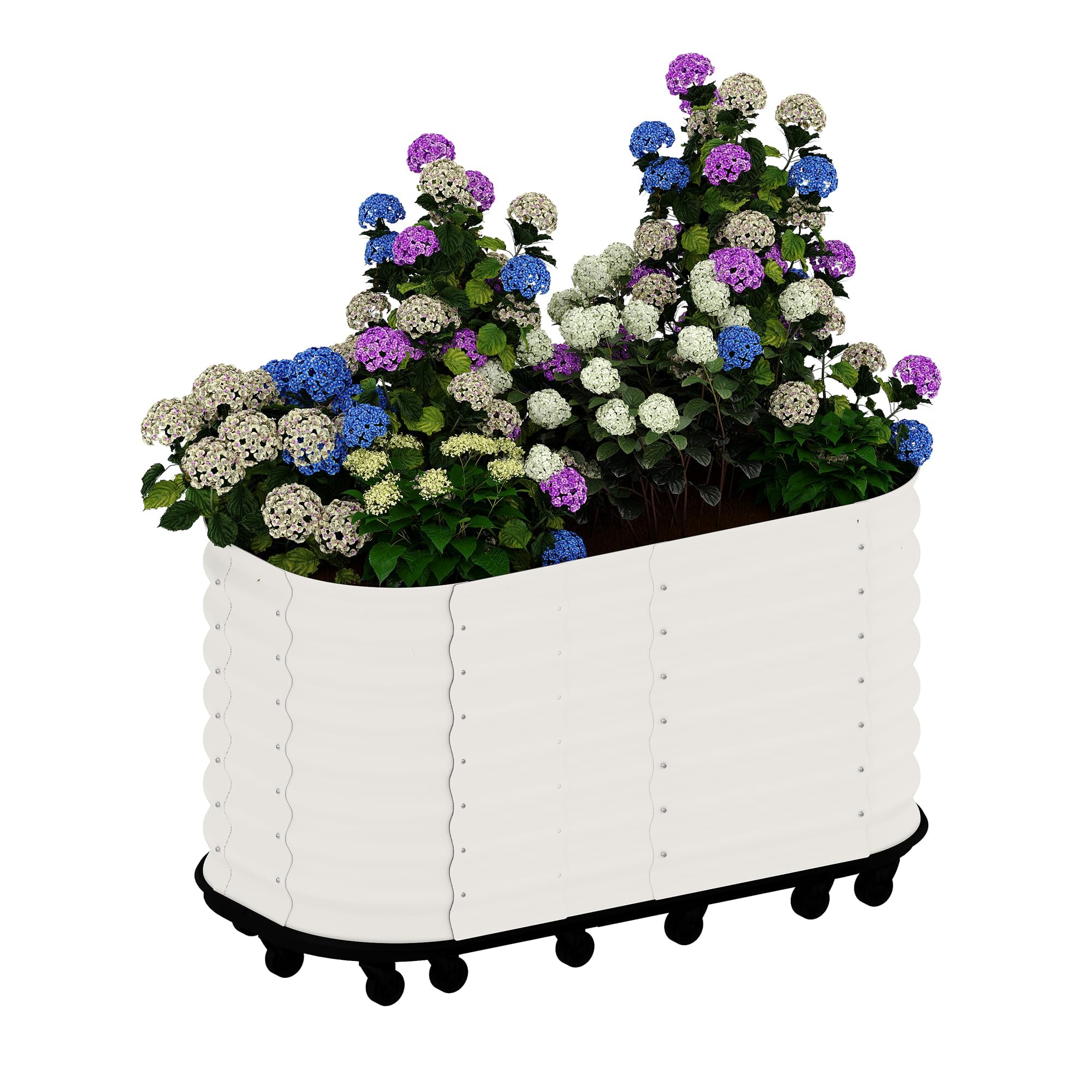 Aptliton 150x60x70cm Large Raised Garden Bed with 16 Lockable Wheels, Mobile Oval Galvanized Steel Planter Box with Drainage Holes for Vegetables Flowers Herbs Outdoor Patio Balcony, White