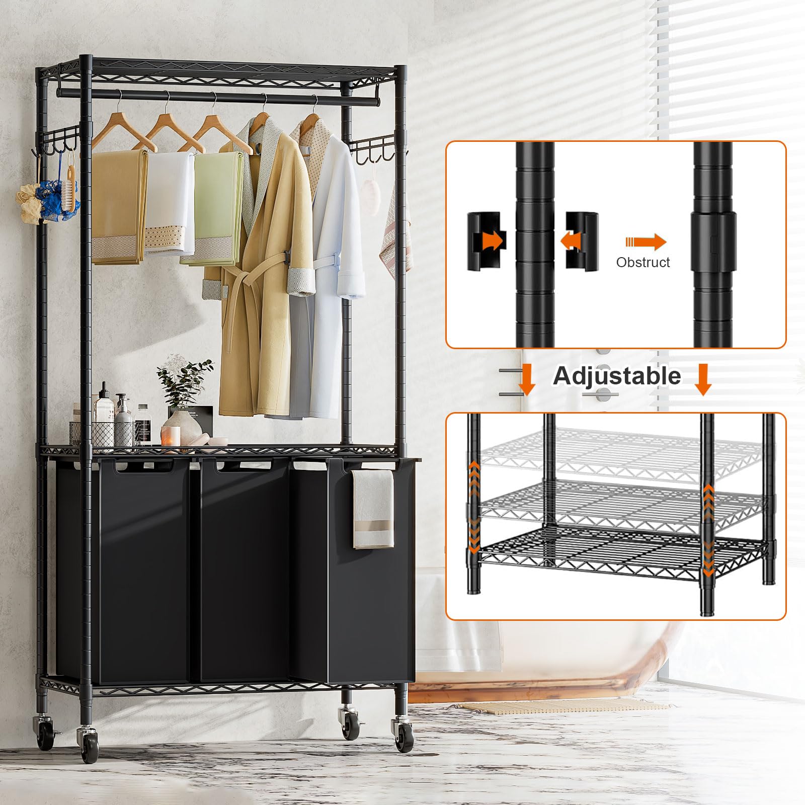 Carrito para Ropa Sucia con Ruedas, 3 Compartimentos | Barra para Colgar, Con Bolsas Desmontables, Ideal para Lavandería o Dormitorio, 79 × 36 × 185 cm, Negro