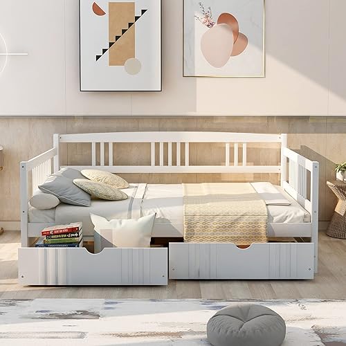 Miniatura 47 de Flieks Sofá cama de madera de tamaño individual con dos cajones de almacenamiento y soporte de 10 listones de madera (blanco)