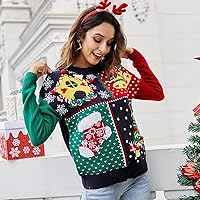 Vista 2 de IFFEI Suéter feo de Navidad para mujer, suéter de cuello redondo con estampado novedoso