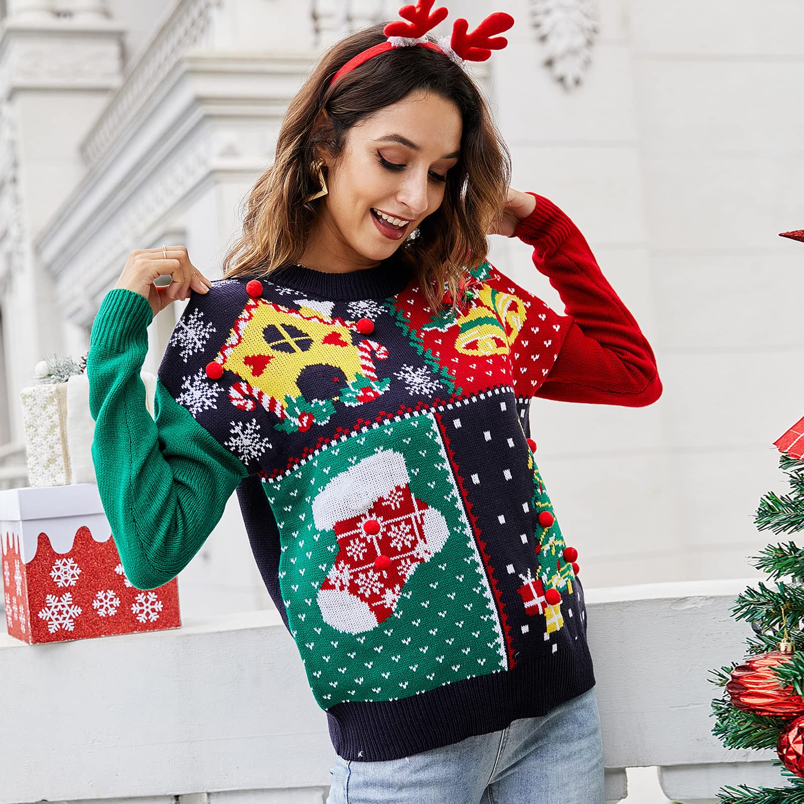 IFFEI Womens Ugly Christmas Sweater Novelty Print Crew Neck Sweater Snowman Black