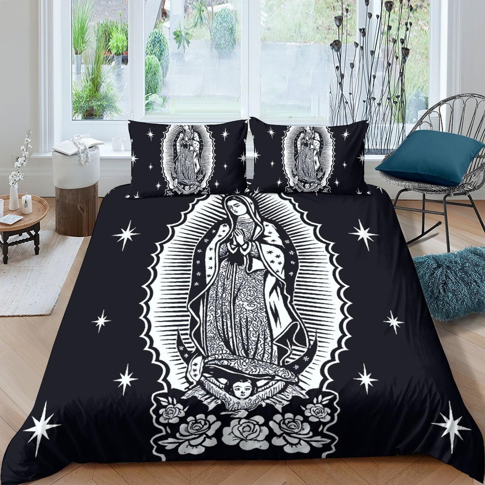 Ctjqhvkz Style-4 3D Printed Virgin Mary Black Fitted Sheet Microfiber Soft Breathable Religious Art Mattress Cover Bedroom Decor Single（135X200cm）