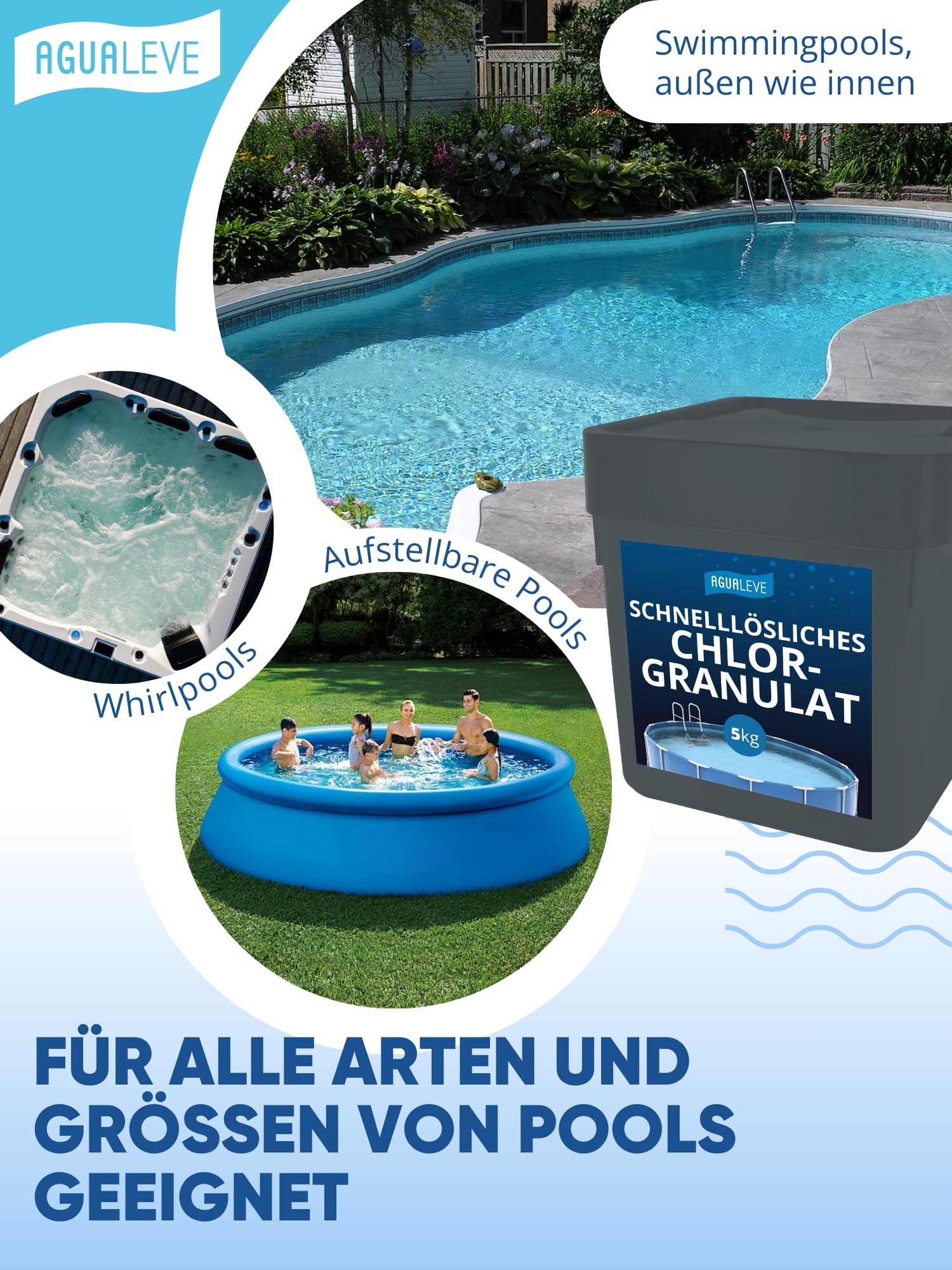 AGUALEVE® Chlorgranulat schnelllöslich 5kg *NEU* | Sichere und schnelle Desinfektion | Für Pools, Aufstellpools, Whirlpools, Planschbecken | Deutsche Markenqualität | mit Note 1,1 getestet