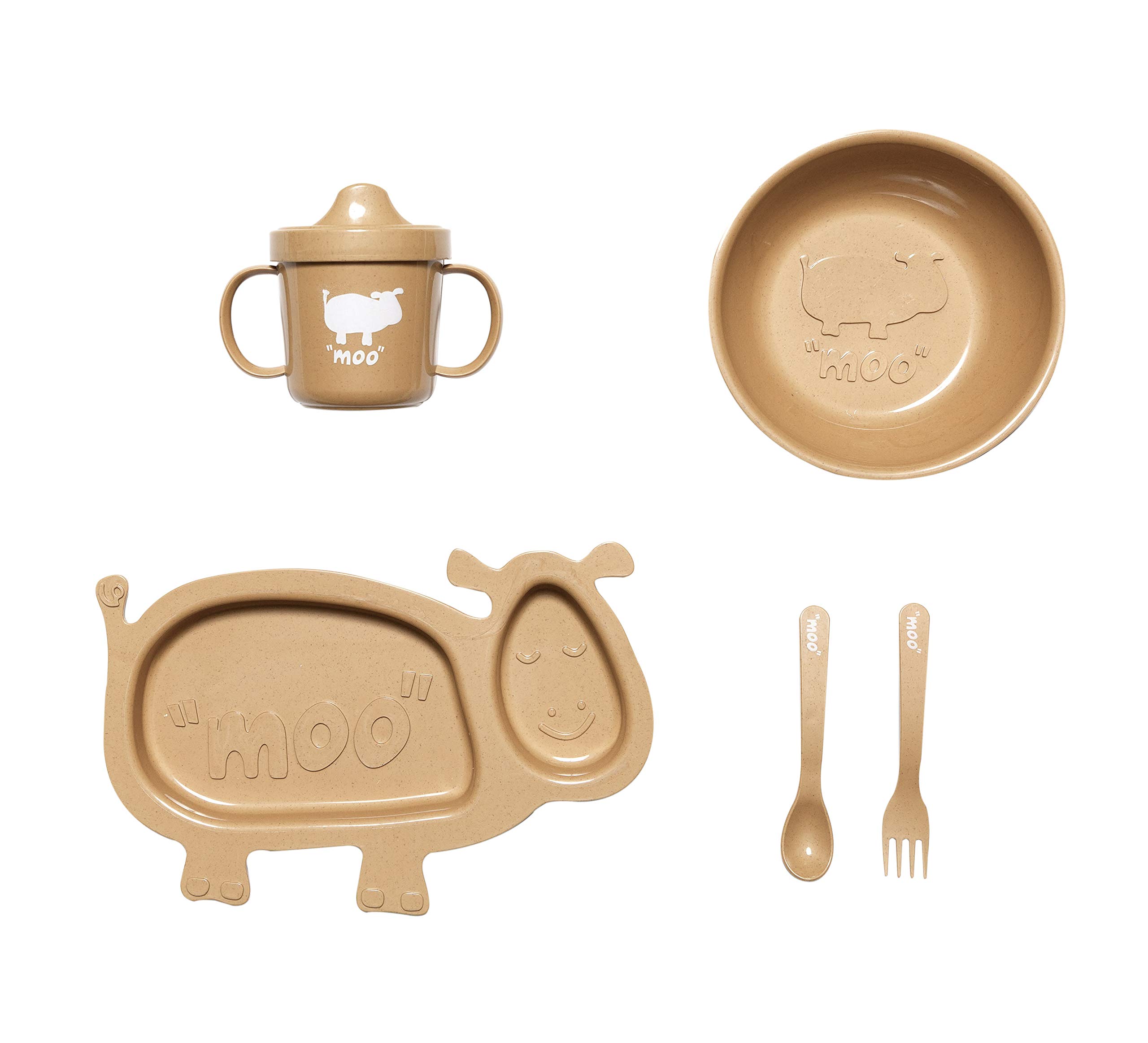 Tiny Footprint Kids Bamboo Dinnerware Set, Plate, Cup, Bowl and Utensil Set, Reusable Eco-Friendly Bamboo, Moo Cow