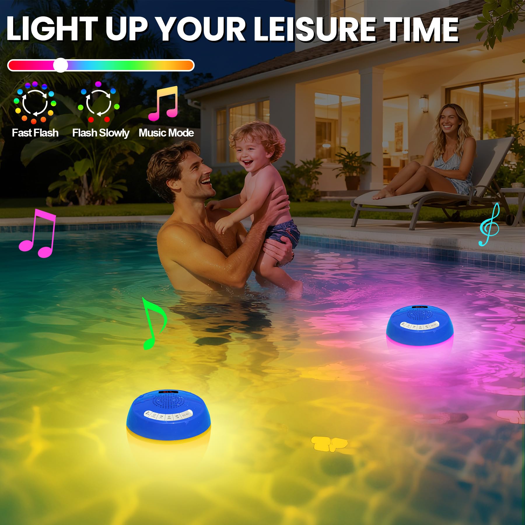 LanAqua Altoparlante Bluetooth per piscina con termometro galleggiante, facile lettura, altoparlanti galleggianti per piscina con spettacolo di luci, altoparlante impermeabile IP68 per piscine per