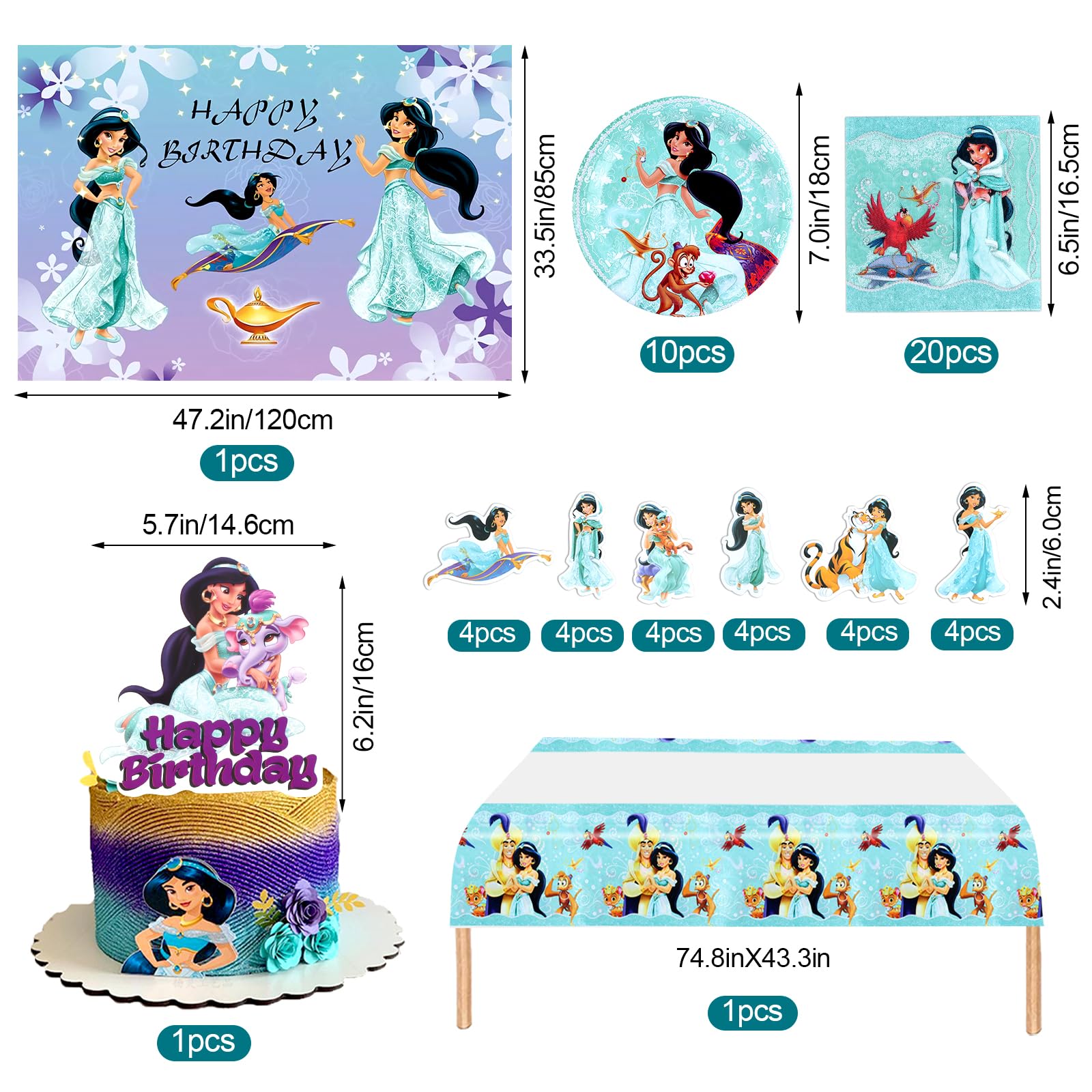 Decorazioni Jasmine Compleanno, Jasmine Stoviglie, Piatti Tovaglioli Di Carta, Principessa Cake Topper, Deco Striscione, Sfondo Compleanno, Decorazioni Festa