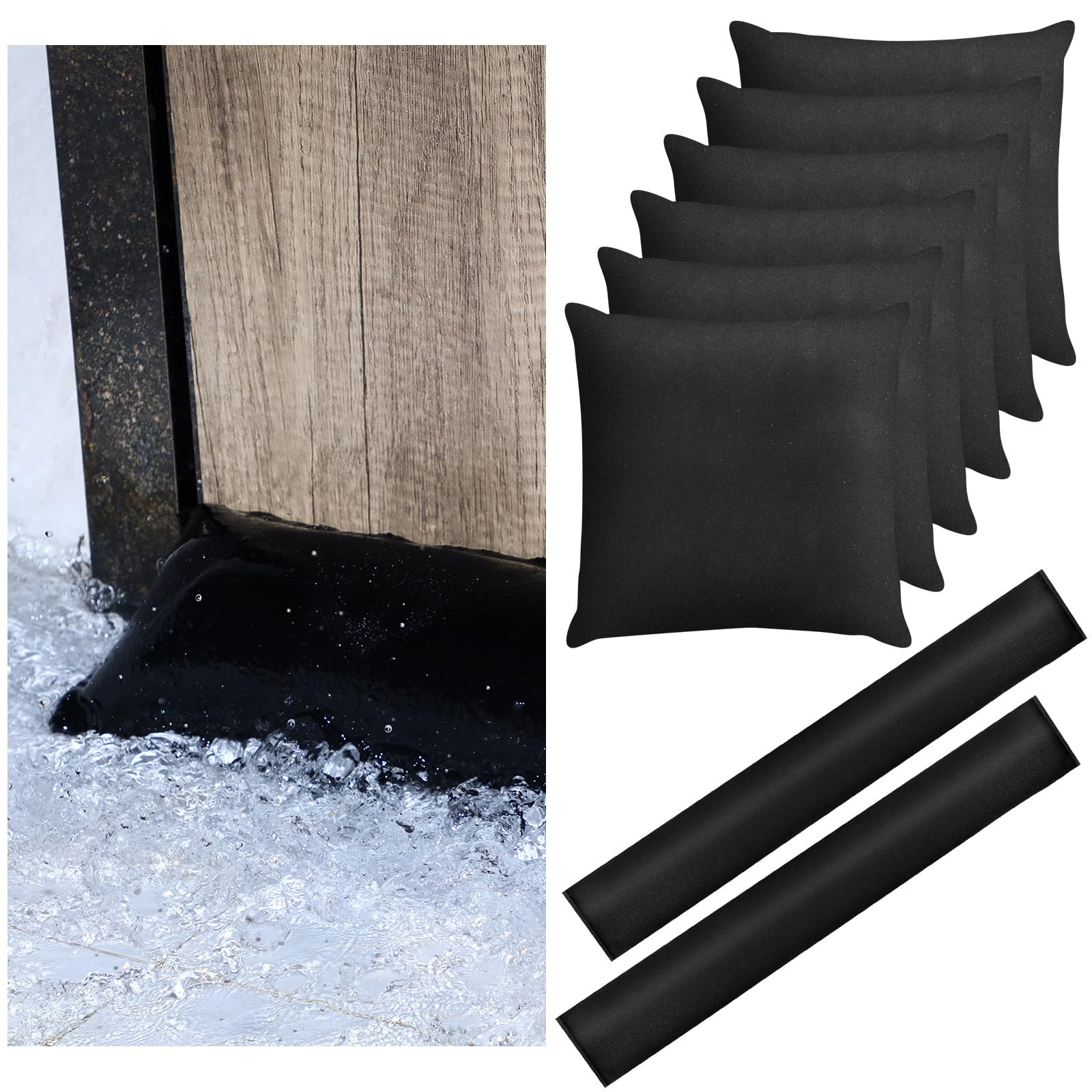 Windyun 8 Pcs 5 ft x 6 in and 2 x 1 ft Water Barriers, Flood Barriers for Garage Front Door, Sandless Flood Bags Absorbent Activated Flood Barrier for Home Heavy Rain Water Control Flooding Hurricane