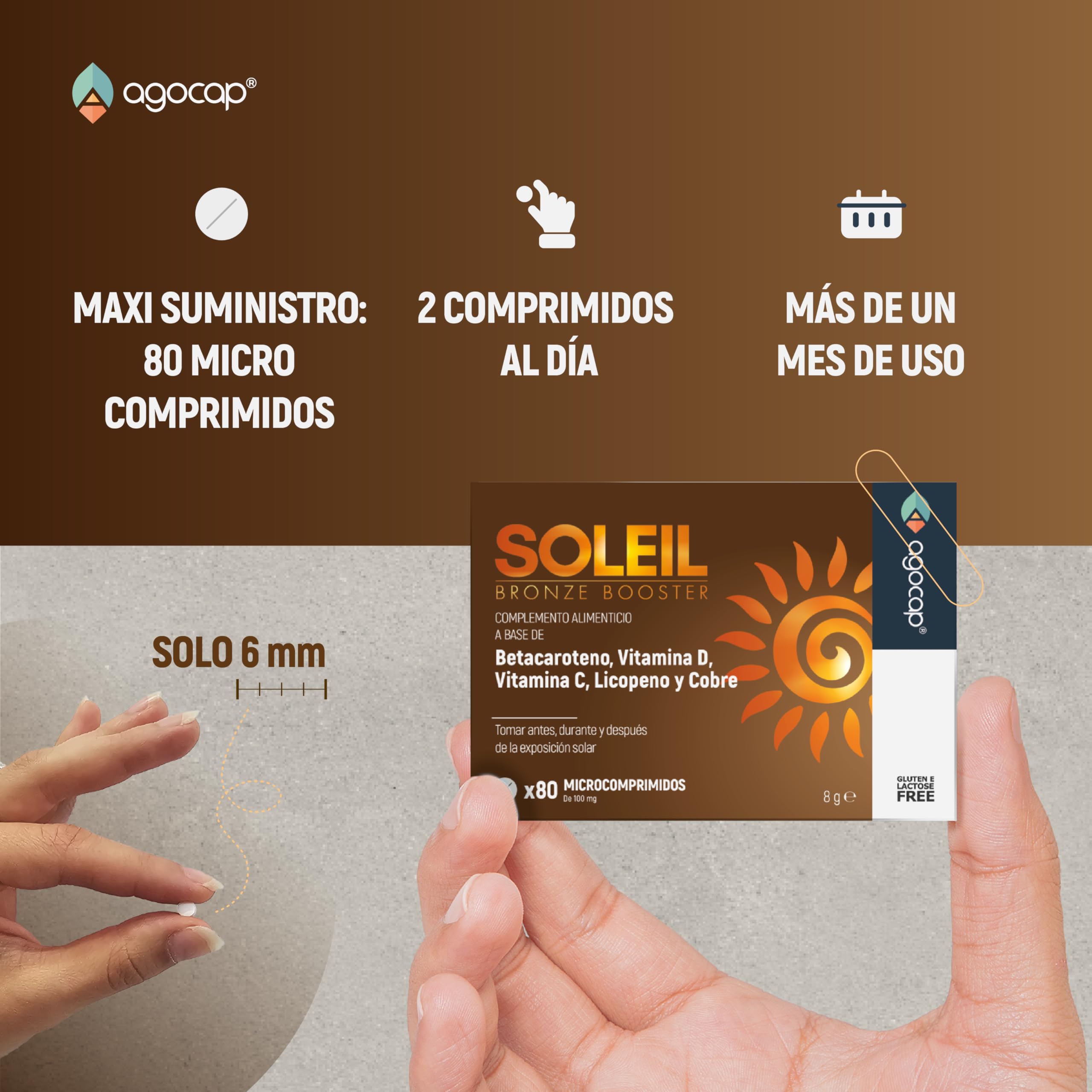 Acelerador Bronceado, SOLEIL - 80 tabletas con betacaroteno, Cobre, Selenio, Licopeno, Vitamina C,D,E,B. Suplemento acelerador de bronceado, Betacaroteno capsulas, acelera y mantiene la piel dorada