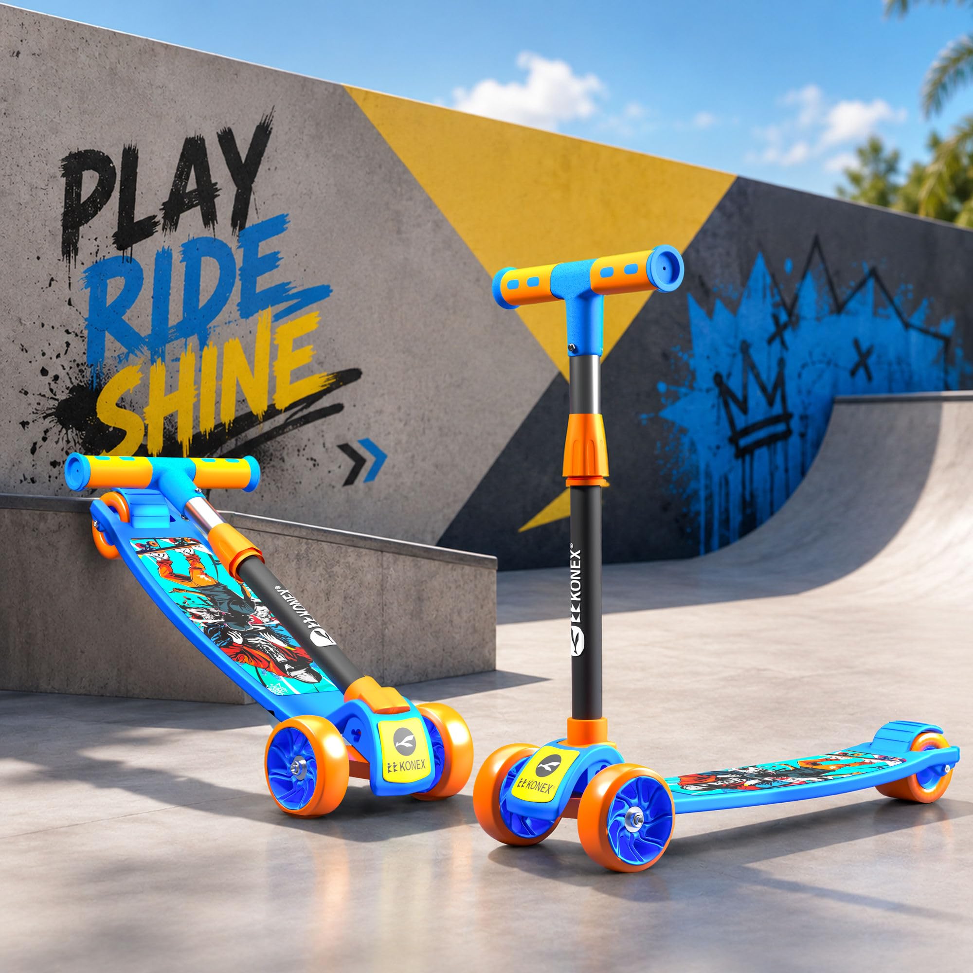 Konex Kick Scooter for Kids (2+ Years) | 3 Broad Rubber Wheels for Smooth Ride | 4-Level Height Adjustable Handle | Foldable & Portable with Back Brake (Blue-Orange, ECO)
