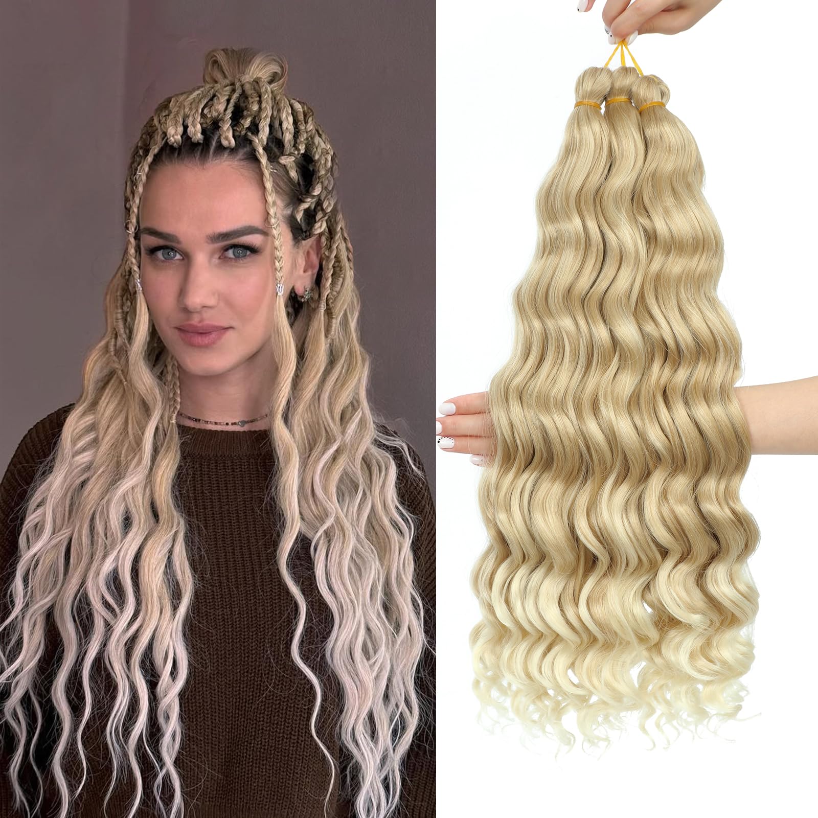 MLETULIPS Curly Crochet Braiding Hair Extensions Deep Wave Braiding Hair Ocean Wave Crochet Hair Soft Synthetic Bohemian Curly Water Wave Crochet Braids for Women (T27/613#