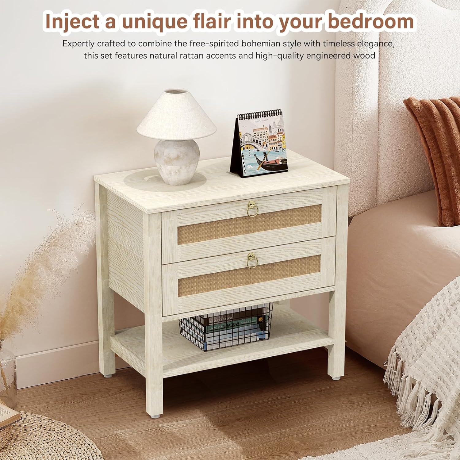 Night Stand with Drawers and Storage Shelf - Large Nightstands Rattan Decor Boho Bedside Table Narrow Side Table for Bedroom, Small Space