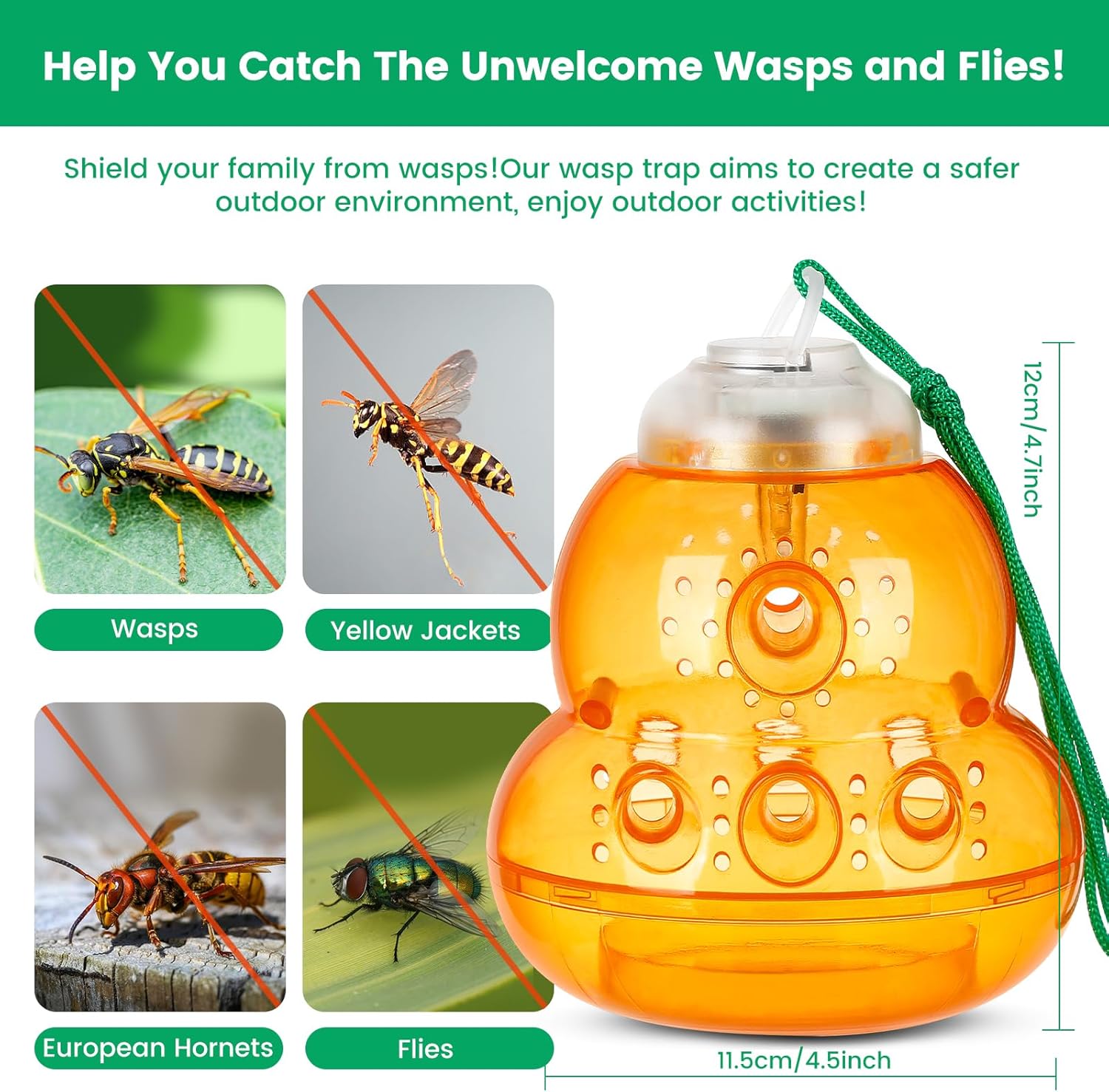 Solar Wasp Trap with Blue LED Light, Non-Toxic Reusable Hornet & Yellow Jacket Catcher, Outdoor Hanging Wasp Killer, 2 Pack - Amber