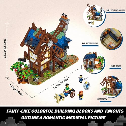 Miniatura 5 de Juego de construcción de casa de molino de viento medieval, kit de modelo con 2 estantes de techo extraíble para adolescentes y niños, casa de