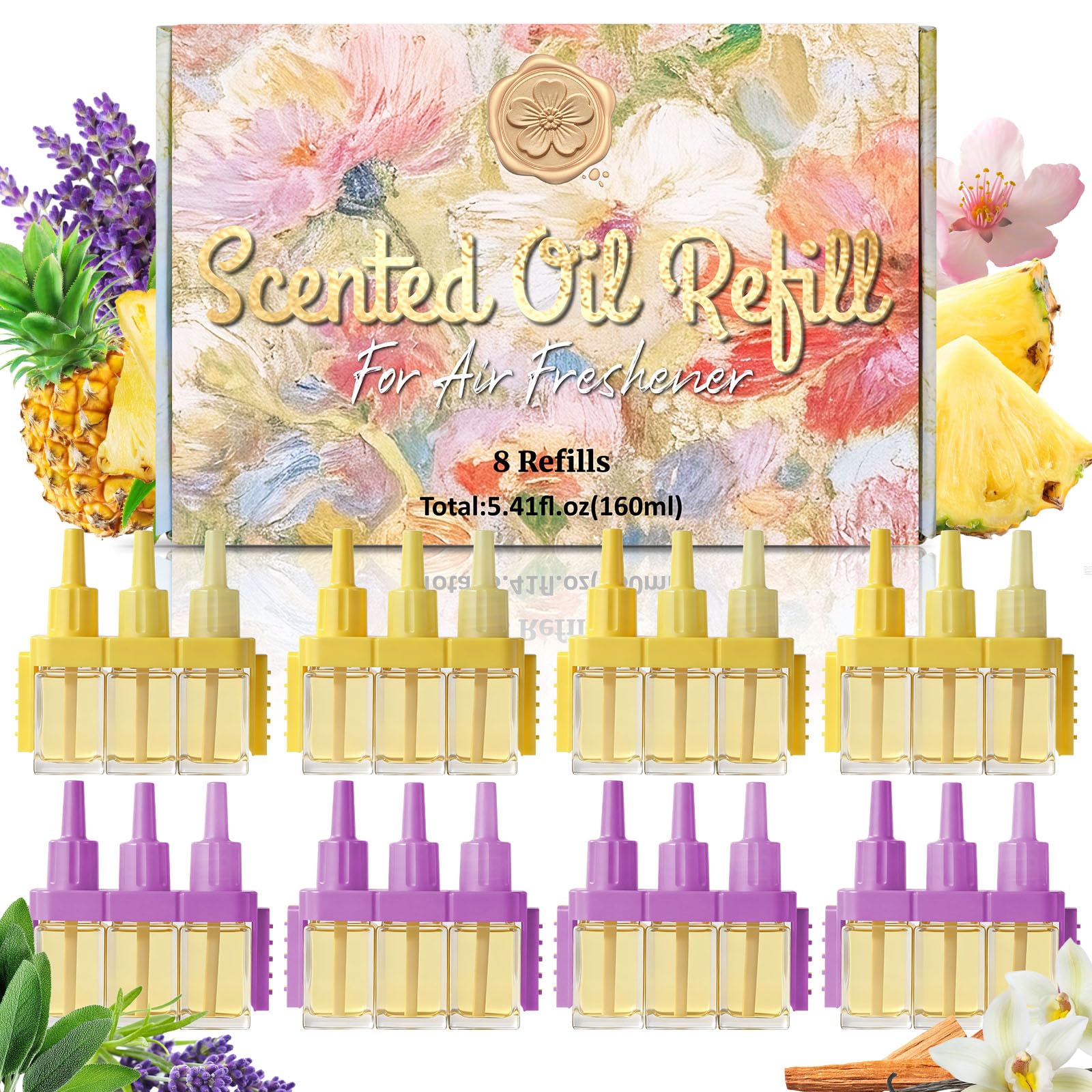 LASENTEUR Recambio de frasco de aceite aromático, compatible con Febreze 3Volution, paquete de 8, 6 fragancias, lavanda, eucalipto, salvia, hawaii, vainilla, sándalo, fragancia para sala de estar o