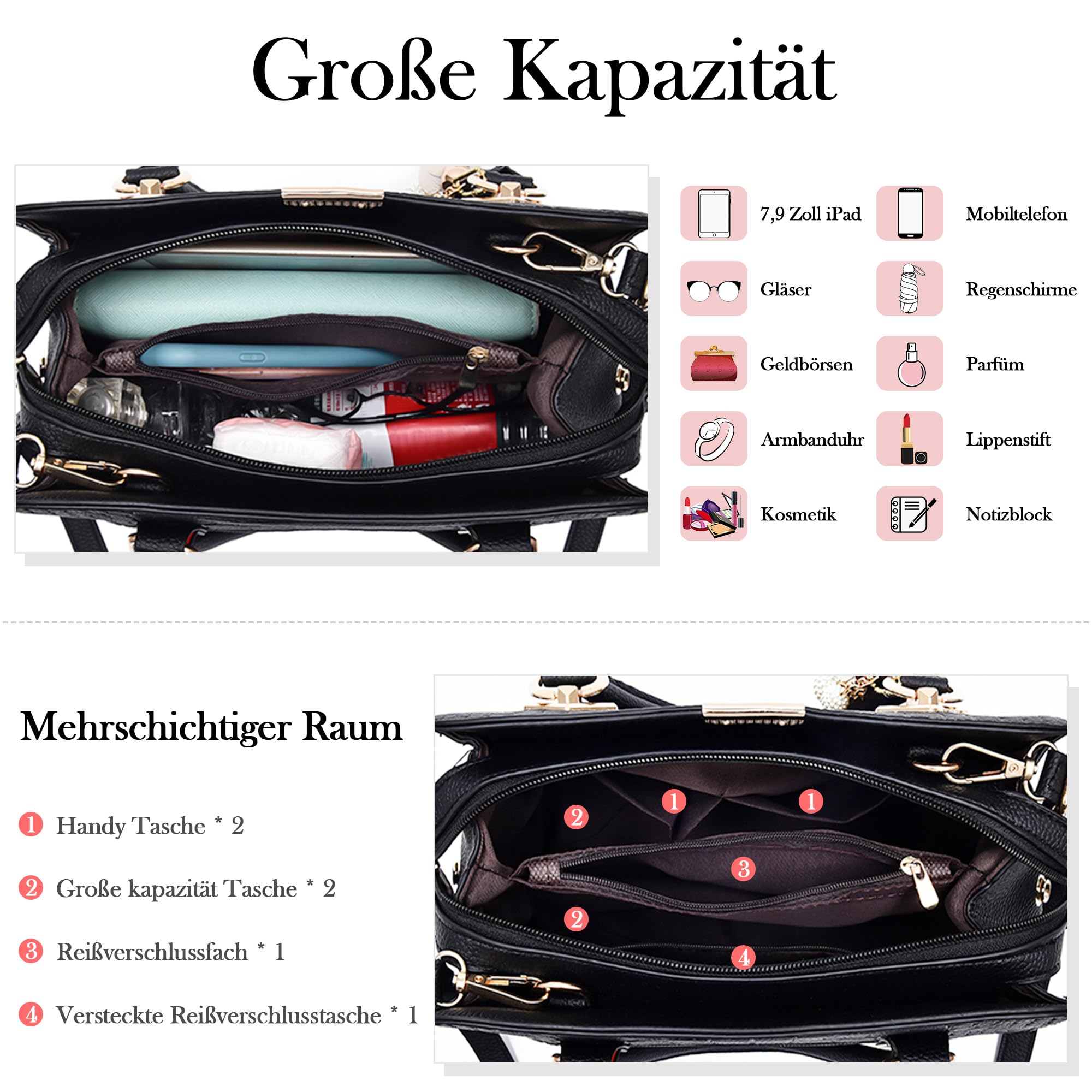 Handtasche Damen Mittelgroß - Elegante Große Kapazität Wasserdicht PU Leder Mode Ornamente Abnehmbarem Schulterriemen für Reisen Arbeit Einkaufen Klavierschwarz