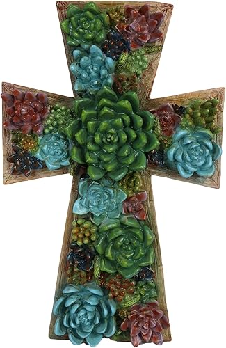 Ebros Rústico Suroeste Colorido Esculpido Resina Cactus Flores Suculentas Flores En 3D Cruz Arte Decoración Placa Nativa Suroeste Occidental Acento