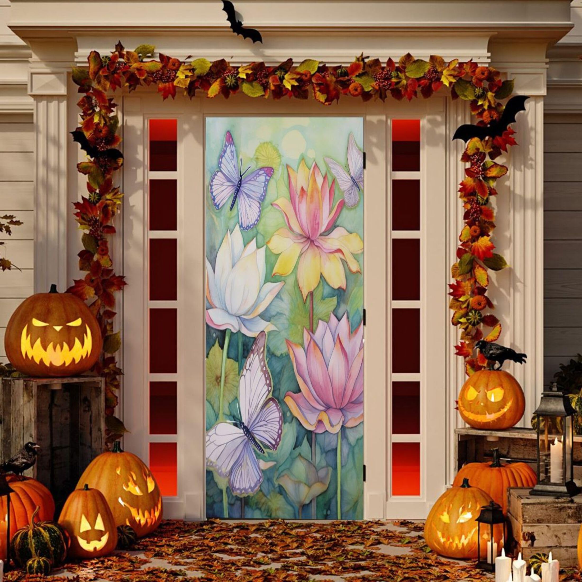 Housse de porte lotus et papillons en tissu extensible 89x200 cm pour décoration de porche