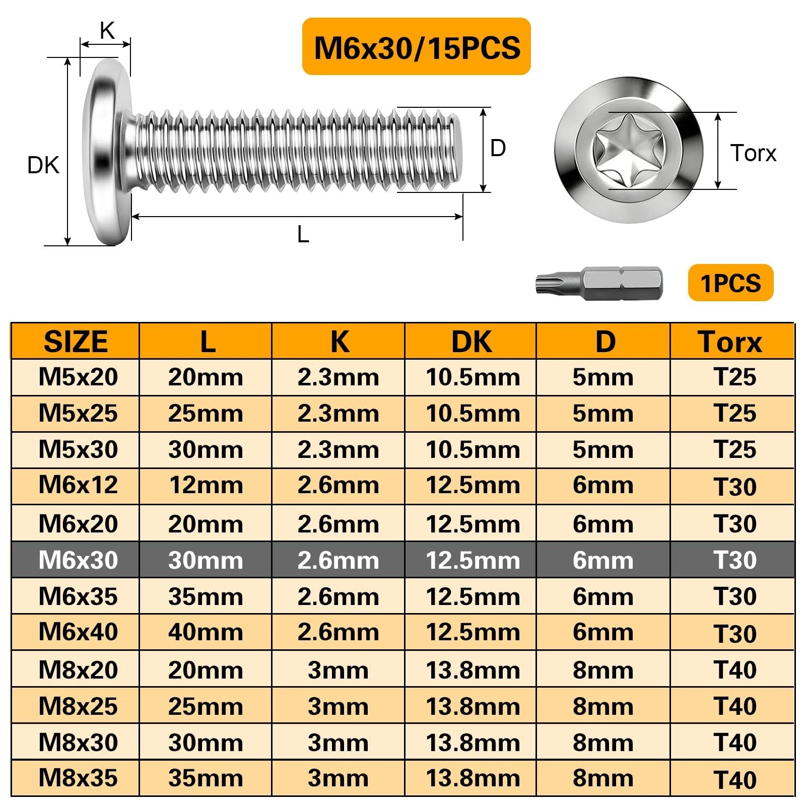 Śruby z łbem płaskim M6 x 30 mm, śruby ze stali nierdzewnej A2 V2A, 15 sztuk śrub z łbem soczewkowym, Torx, M6, śruby meblowe, pełny gwint, śruby metalowe z bitem Torx do naprawy mebli
