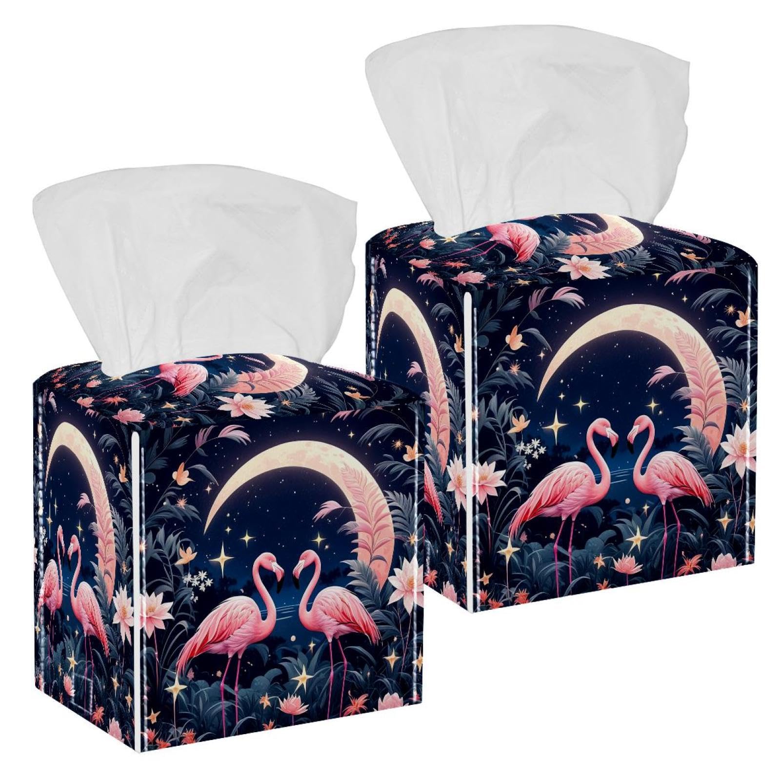Flamingo Tissue Box Cover, 2 Pack PU Leather Square Facial Tissue Dispenser Box holder for Home Office Car