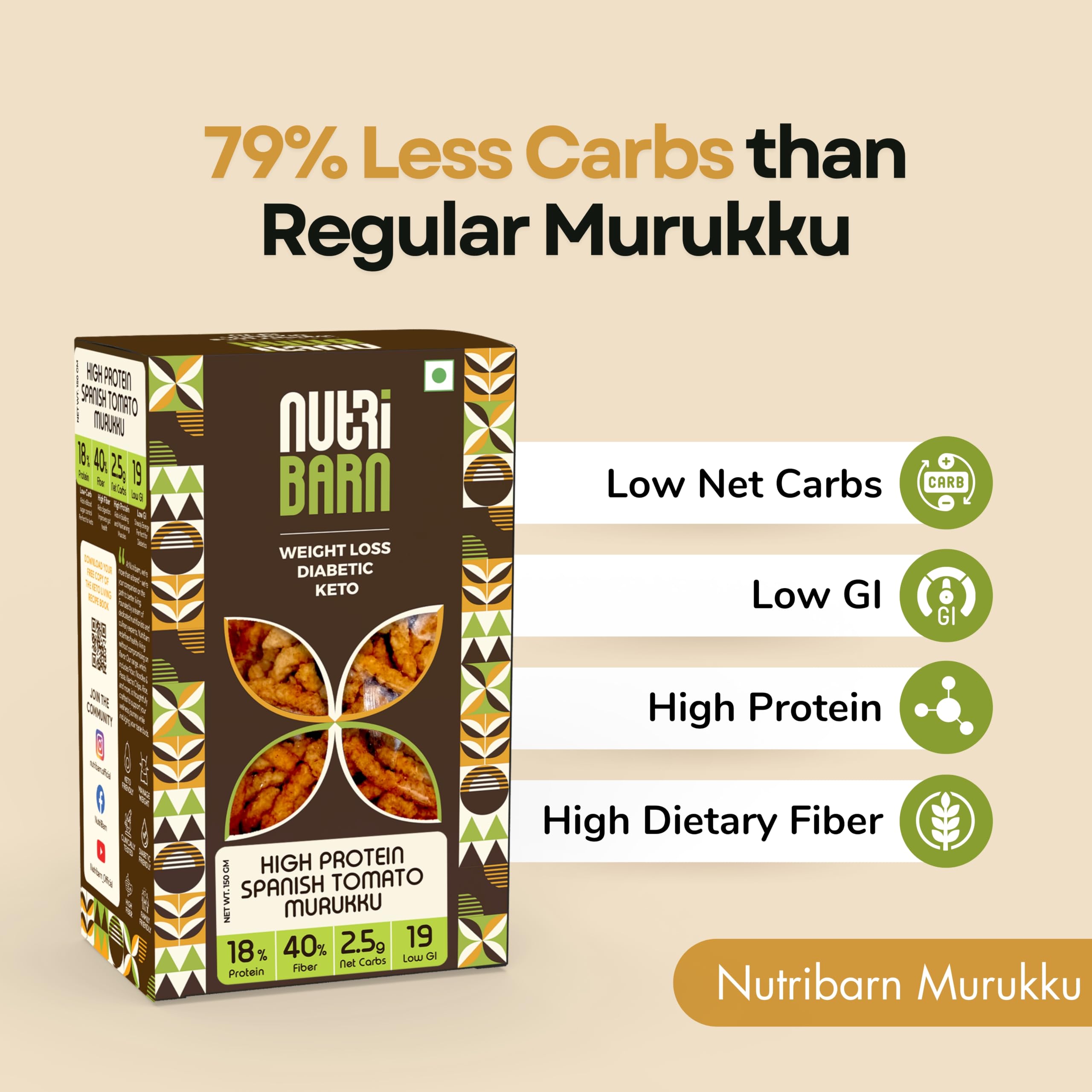 Nutribarn Keto Bhujia (Spanish Tomato), 400 Gms, 1 Pack, 2.7g Net Carb & 18% High Protein/Serv, Identical to Regular Bhujia, Low Carb, High Fibre, Low GI, Keto Diet, Weight Loss, Diabetic Friendly 2