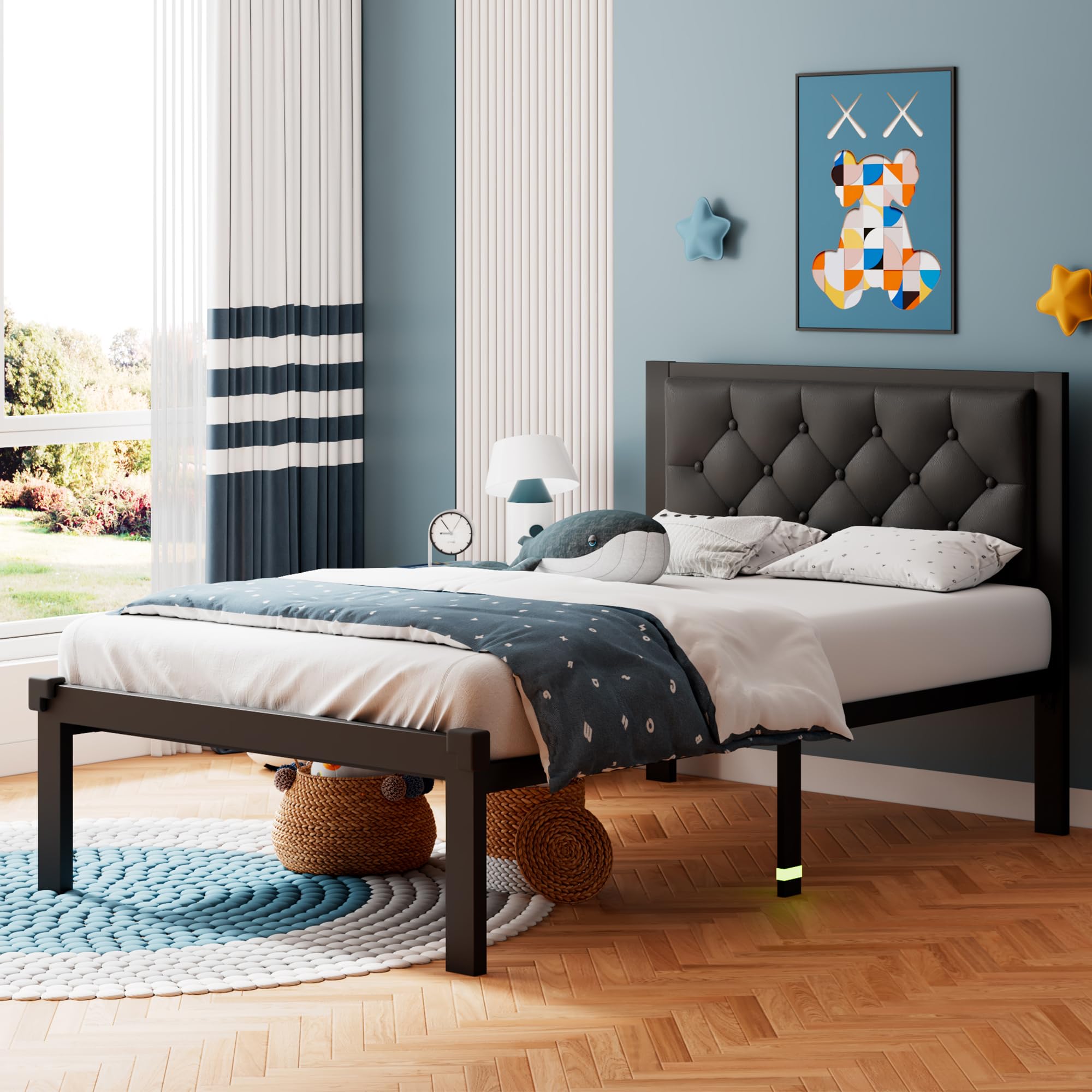 iPormis Twin Size Metal Bed Frame, Faux Leather Platform Bed Frame with Button Tufted Headboard, 12