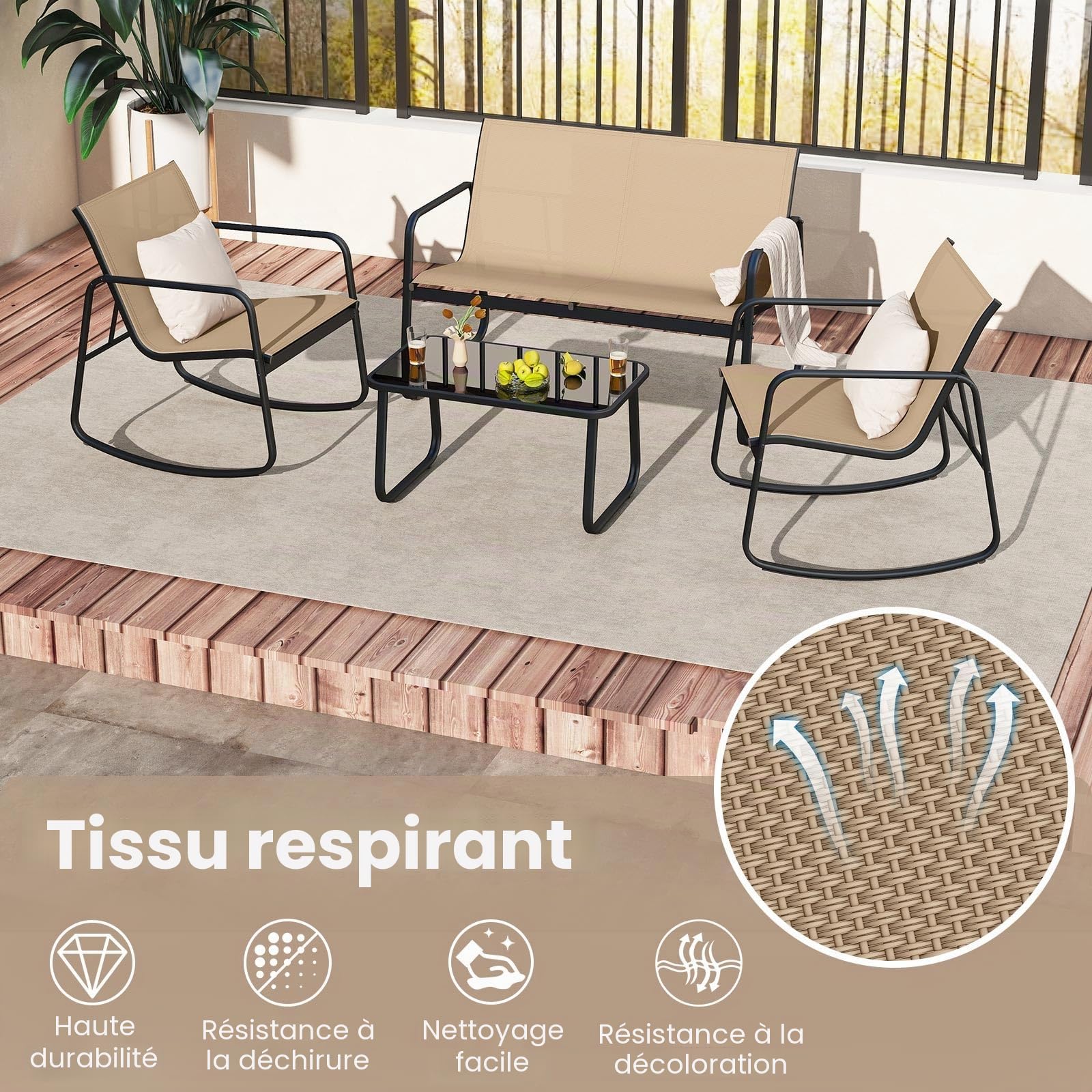 GIANTEX Salon de Jardin 4 Personnes, Table Extérieure avec 2 Chaises à Bascule en Tissu Respirant, 1 Canapé, Table Basse en Verre, Mobilier Jardin pour Balcon, Cour, Piscine (Marron)