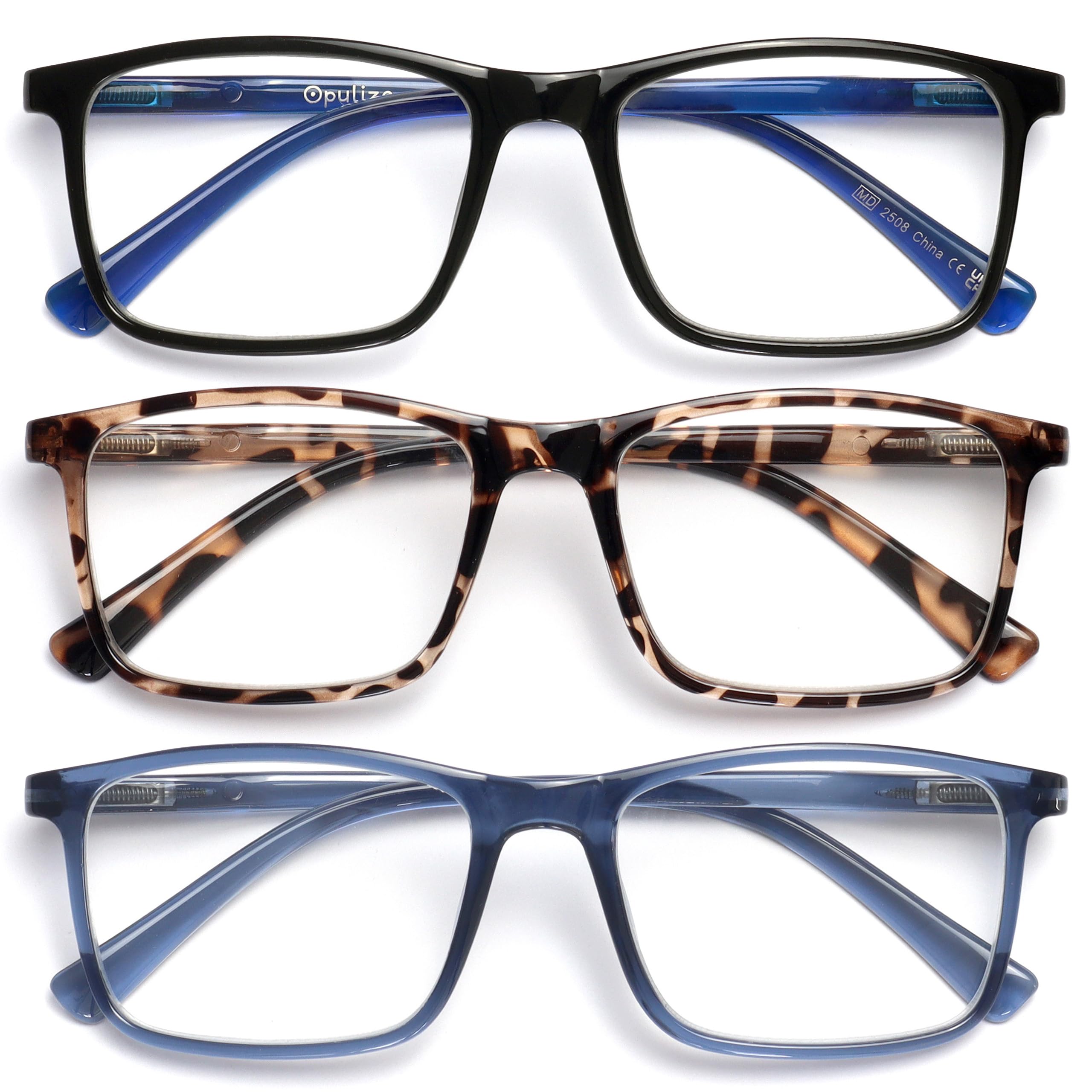 OPULIZE INK Reading Glasses for Women Men, Large Rectangular Frame with Spring Hinges & Scratch Resistant, Black Brown Tortoiseshell Blue, +3.5(Pack of 3)