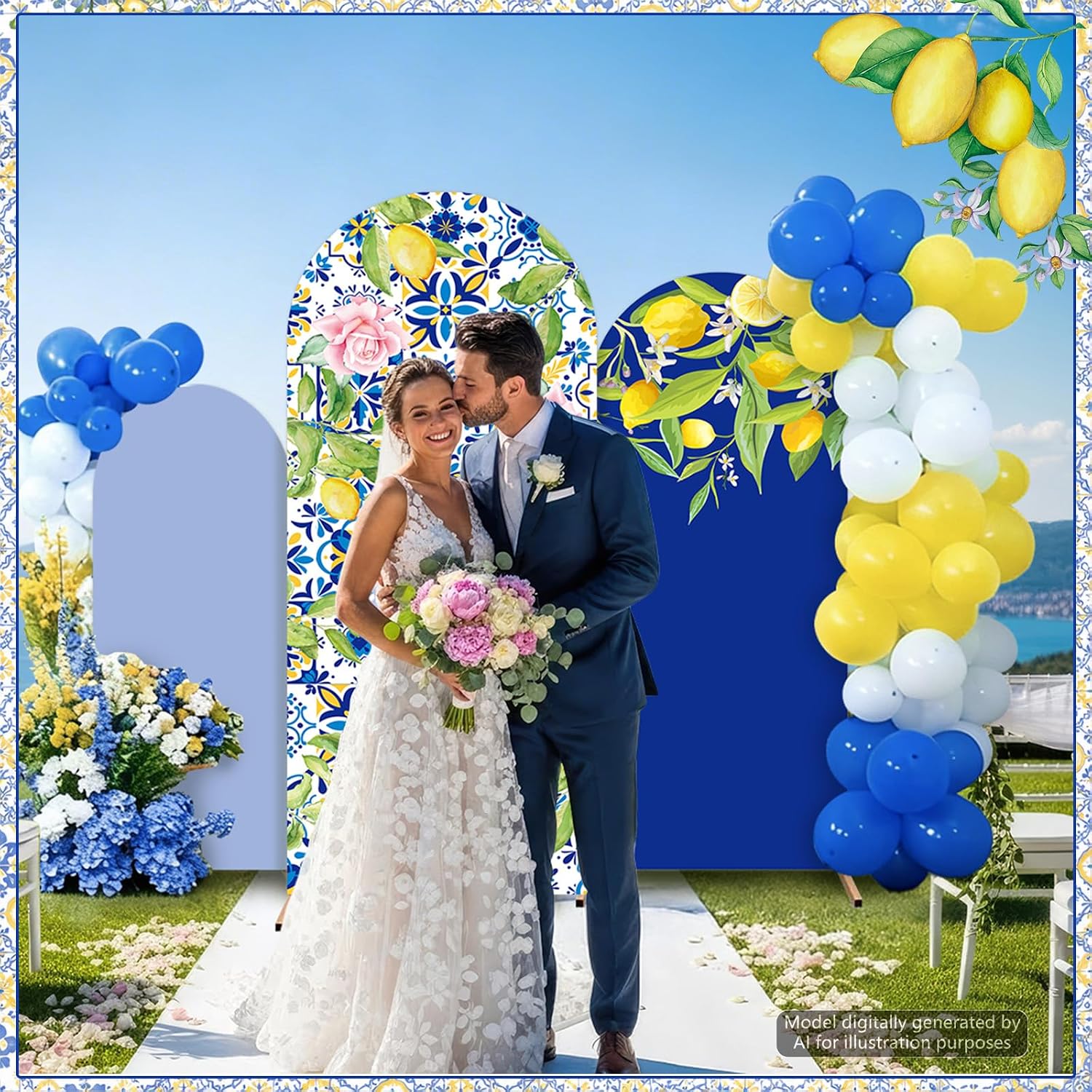 3Pcs Mediterranean Lemon Tiles Arch Backdrop Covers 4ft 5ft 6ft Blue Yellow Capri Lemon Arch Stand Covers Amalfi Coast Party Decoration Photo Background for Summer Wedding Birthday Party Supplies image 5
