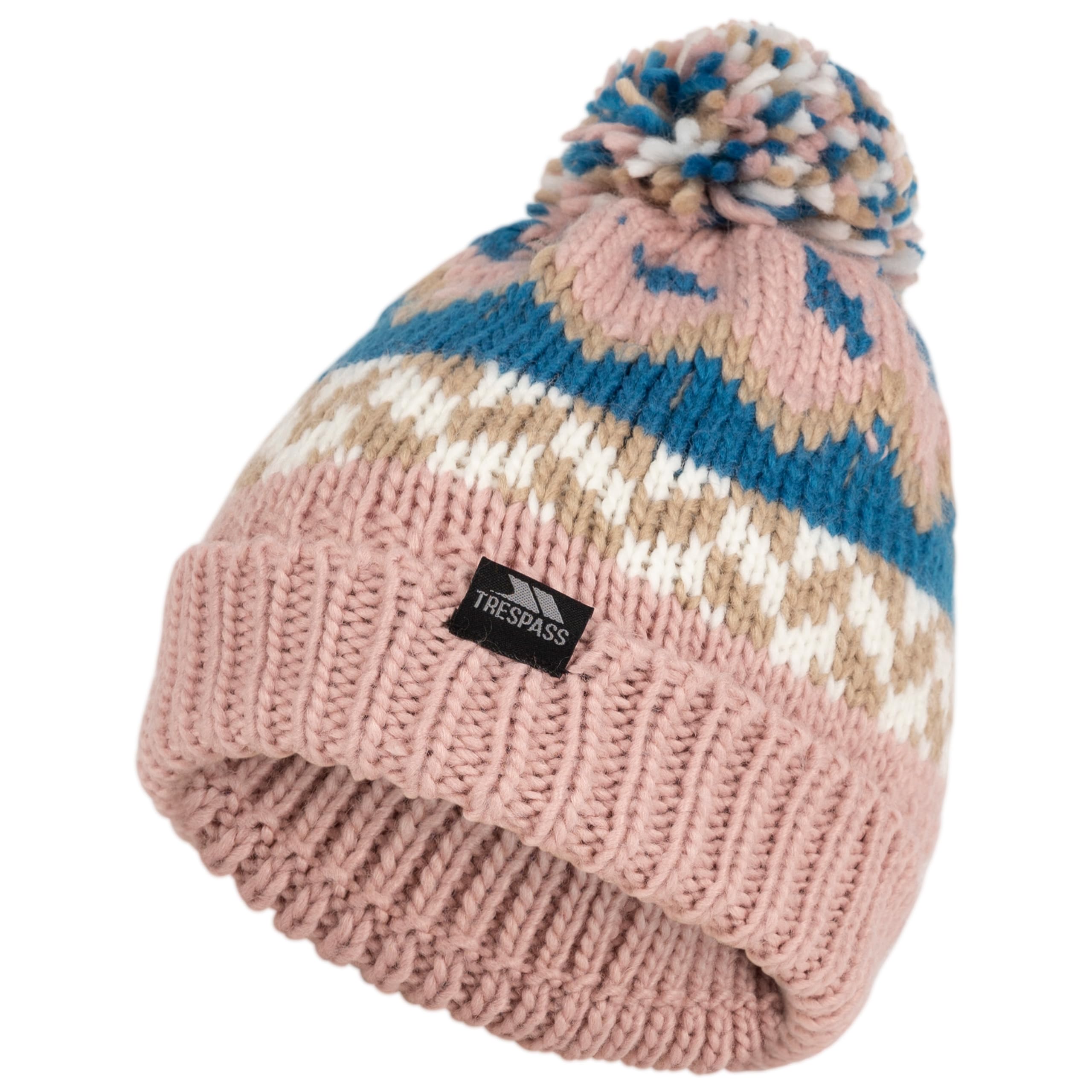 Trespass Unisex Kids Misty Rose / Bondi Blue Kids Beanie Twiglet - Patterned Knitted, Pom-Pom, Fully Fleece Lined, Woven Seam Tab, 100% Polyester Microfleece Lining, 100% Acrylic Outer