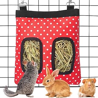 Rabbit Hay Feeder Guinea Pig Hay Feeder, Hanging Rabbit Hay Feeder Bag with 2 Holes for Chinchilla Hamsters Rabbit Guinea Pig Small Pets