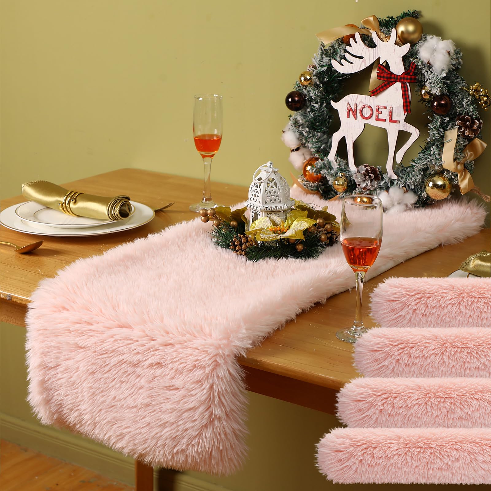 Buryeah 4 Pcs Fur Table Runner 11.8 x 35.4 Inch Luxury Faux Fur Dresser Covers Runners Small Fur Table Decor for Party Birthday Christmas Friendsgiving Wedding Dinning Table (Pink)