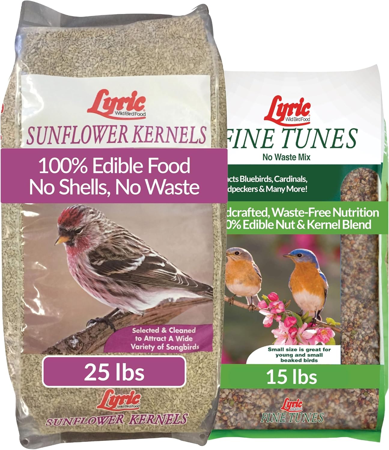 Lyric Sunflower Kernels No Waste Wild Bird Seed 25 lb and Lyric Fine Tunes No Waste Bird Seed 15 lb - Perfect for Outodoor Feeders