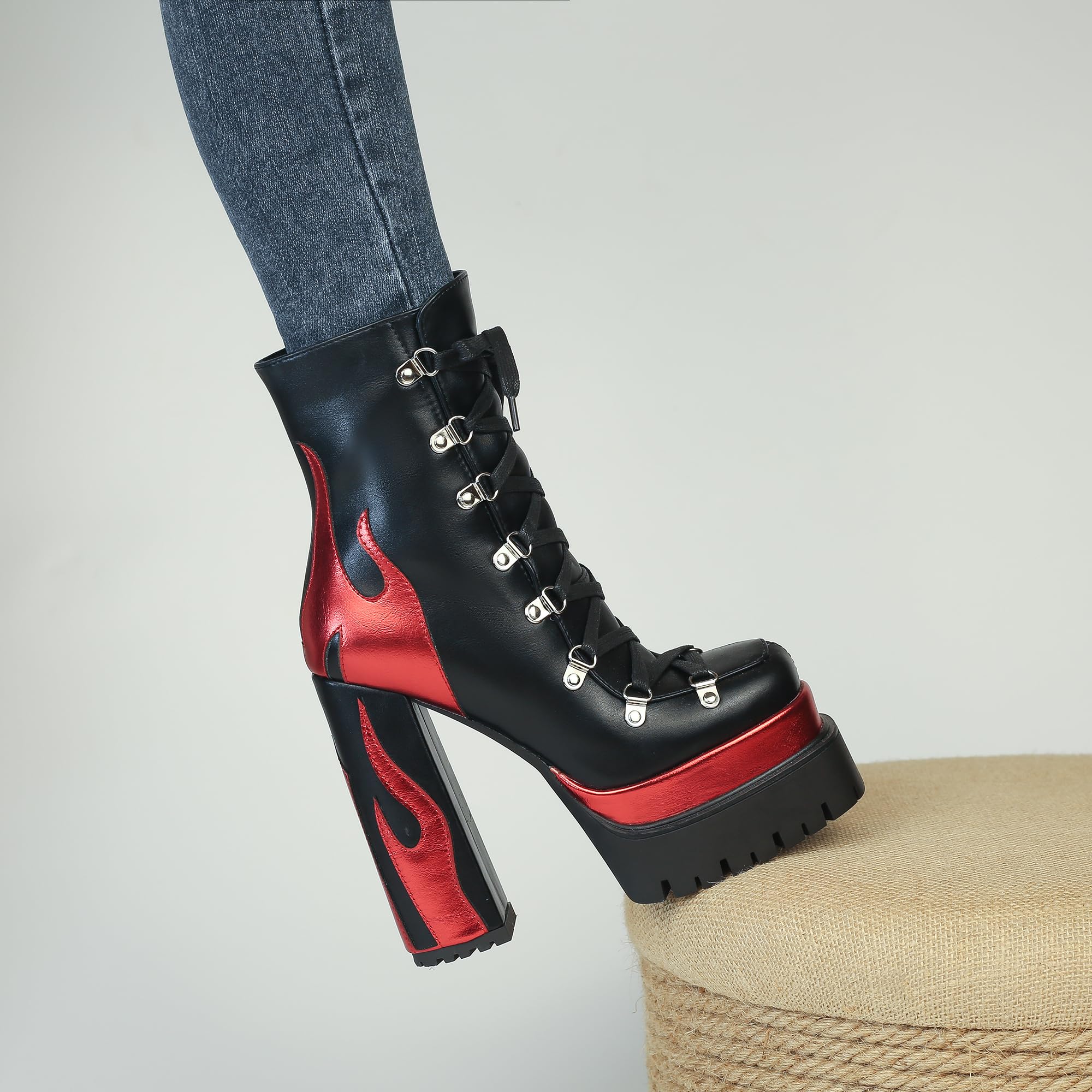 HiColor women’s silver flames printing high-heeled thick-heeled round-headed lace-up boots side zipper shoes: 7 Black-red