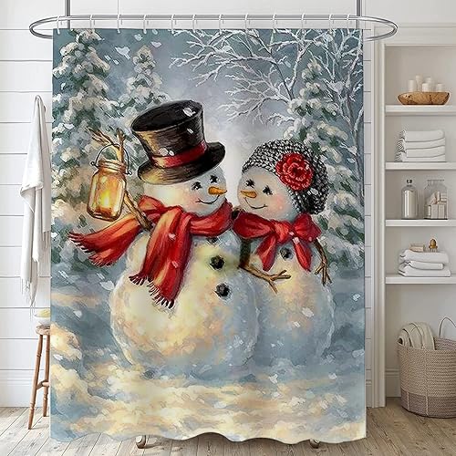 Juego de cortina de ducha de Navidad para decoración de baño, tela impermeable, lindo muñeco de nieve con temática de Papá Noel, cortinas de bañera