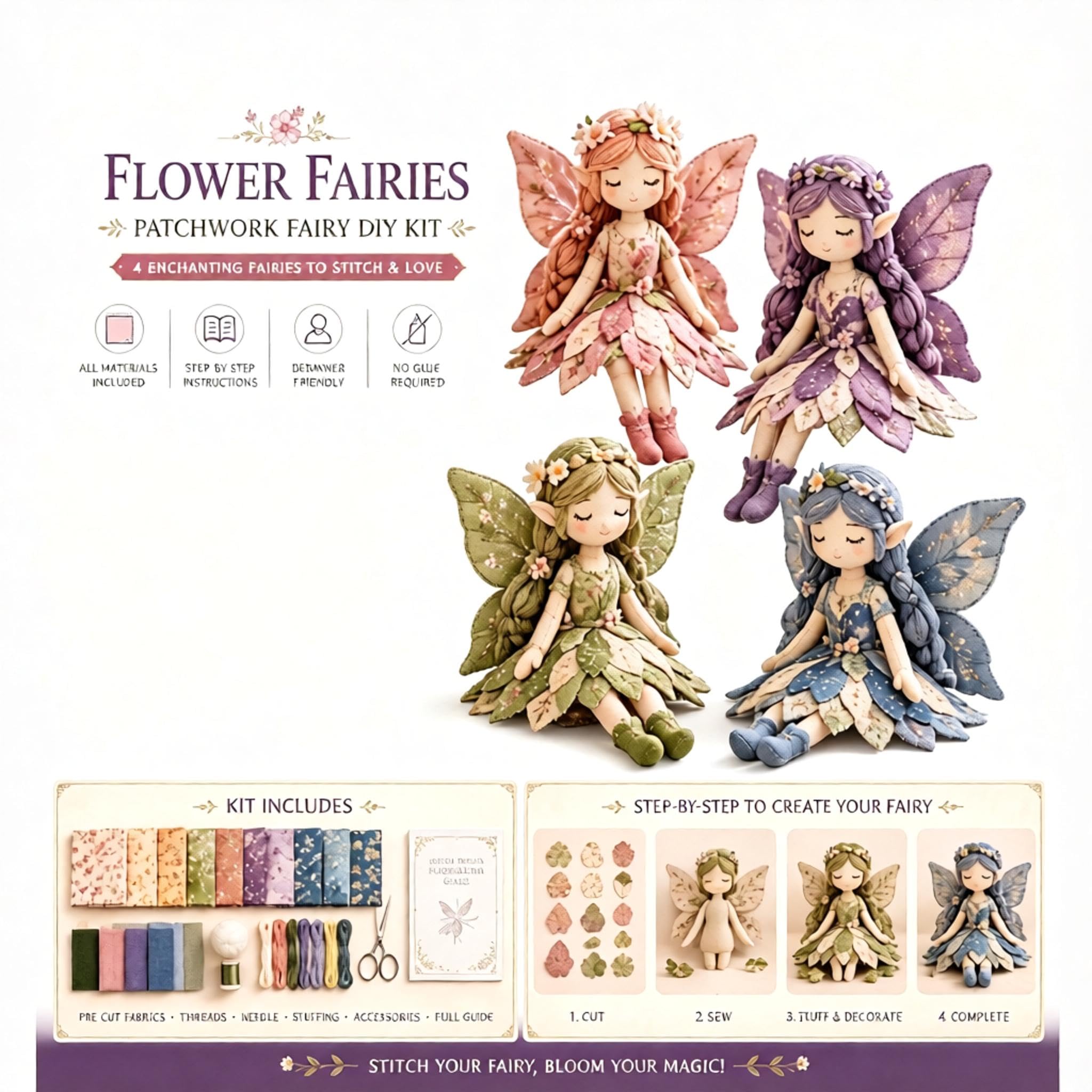 CavspkArt Flower Fairies Patchwork DIY Sewing Kit, 4Pcs Fairy Doll Set
