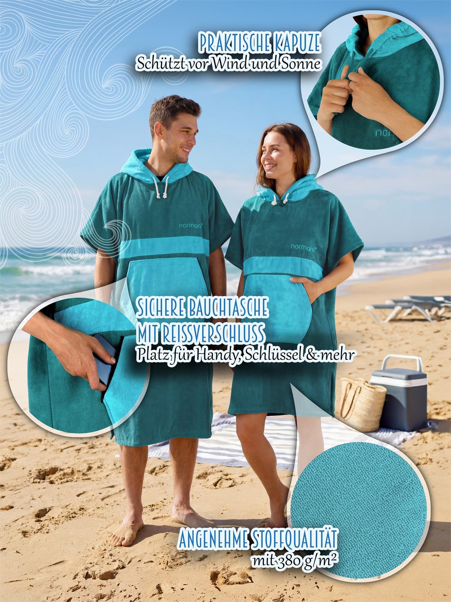 normani Baumwoll Surfer Poncho - Strandponcho - Handtuch-Poncho - Unisex Strand Umziehhilfe - geschlossener Bademantel für Damen und Herren Petrol/Türkis S-M