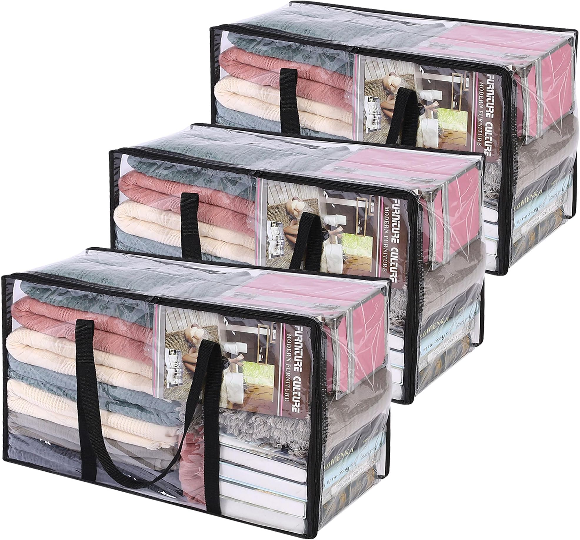 Vieshful 3 Pack Clear Comforter Storage Bag, 60L Clothes Storage Bag with Zipper Closet Organizer, Plastic Storage Containers Moving bags for Comforter, Blanket, Bedding, Duvet, Toys