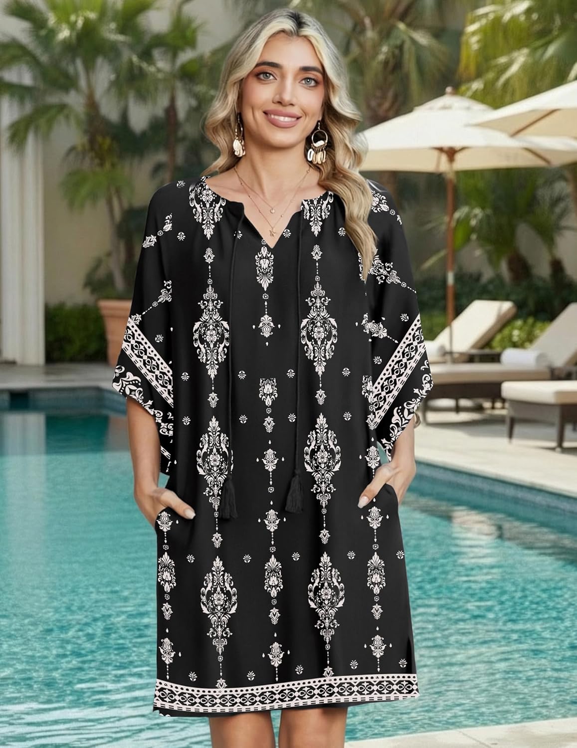 Zeagoo Womens Casual Summer Dress Boho Beach Dresses Tassel Tie Neck 2026 Floral Cover Up Spring 3/4 Sleeve Mini Sundress - Image 3