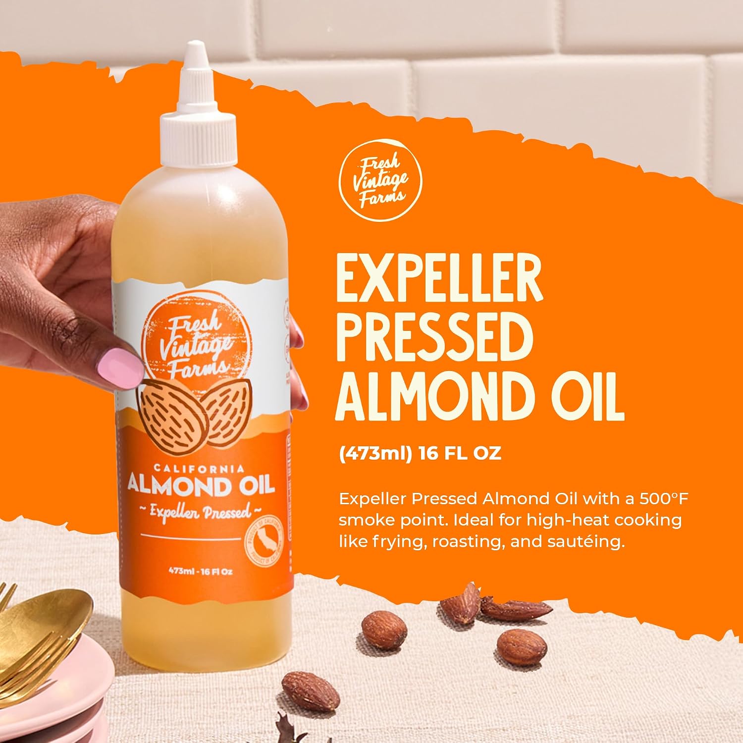 Fresh Vintage Farms Almond Oil | Expeller-Pressed California Almond Oil | Versatile Cooking Oil for Grilling, Baking, Dipping, & Salads | Smooth & Mild Flavor – 16oz, Pack of 6