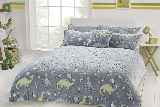 Teddy Sherpa Fleece Glow in The Dark Duvet Cover Sets Super Soft Warm Cosy Fleece Quilt Cover Sets Bedding Sets LW (Dinosaur, Single Duvet Set)