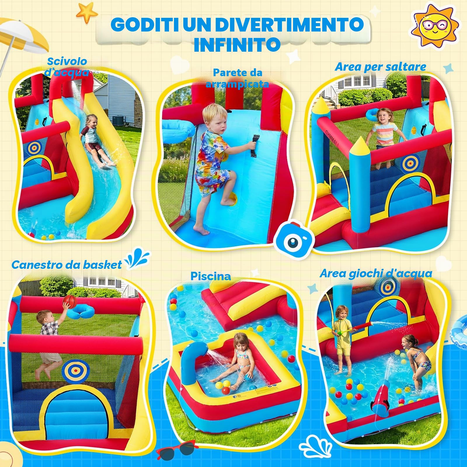 Castello Gonfiabile per Bambini, 8-in-1 con Ventilatore 480W, Scivolo Lungo, Parete da Arrampicata, Trampolino e Piscina, adatto per divertimento interno ed esterno in vacanza