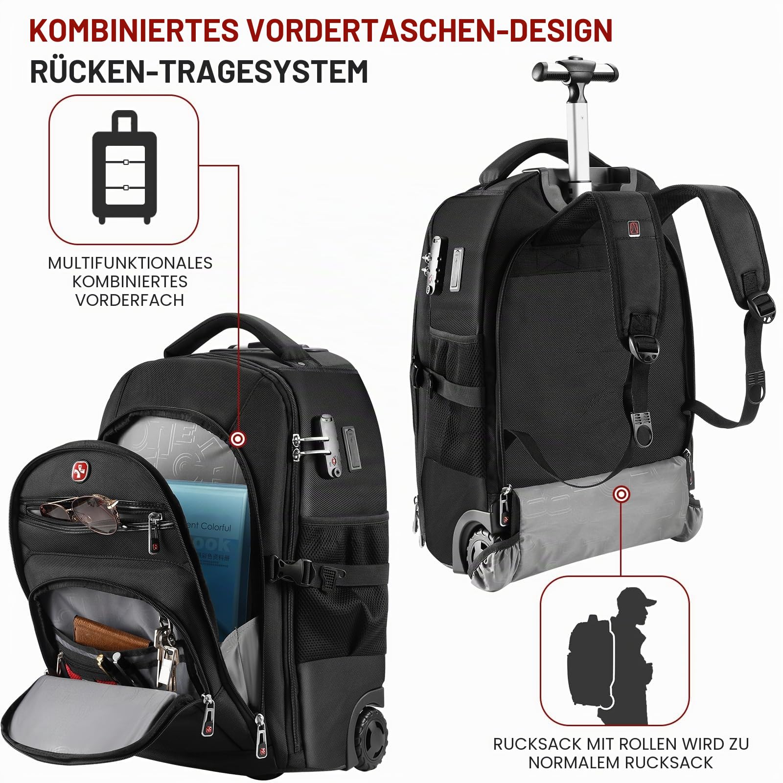 star cloud Rollrucksack mit Rollen, USB- und Typ-C-Ladeanschlüssen, 21 x 14 x 9 cm, Schwarz, 17.3 INCH, Reiserucksäcke
